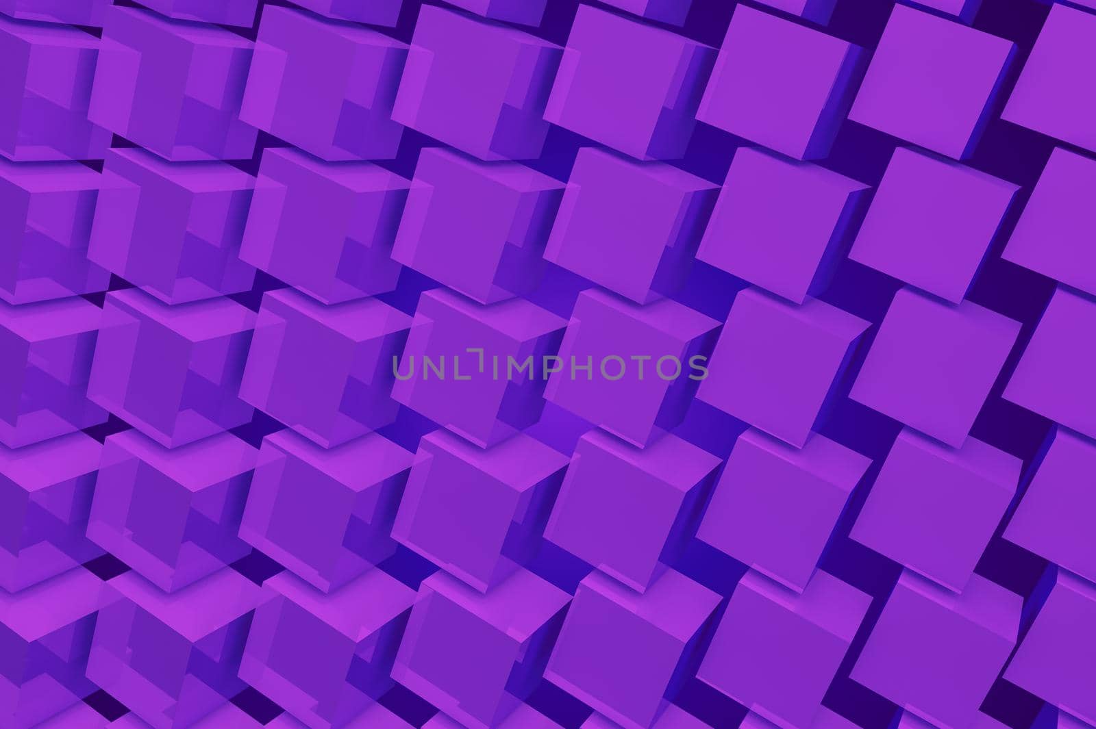 Many transparent purple 3D cubes hanging in space close to each other. 3d cubic illustration with abstract background