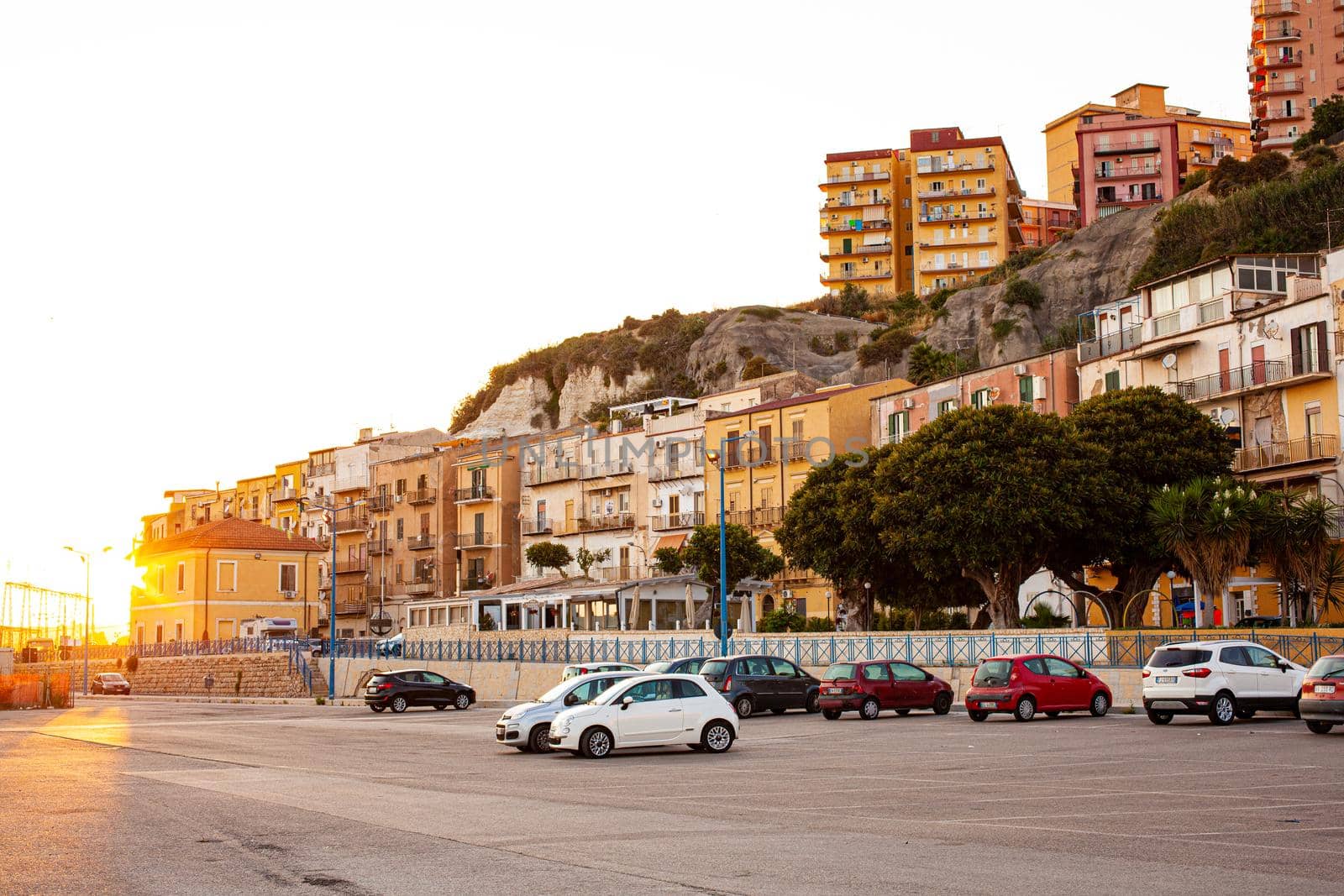 Porto Empedocle, Italy - July 22: View of the porto Empedocle buildings at sunset on July 22, 2021