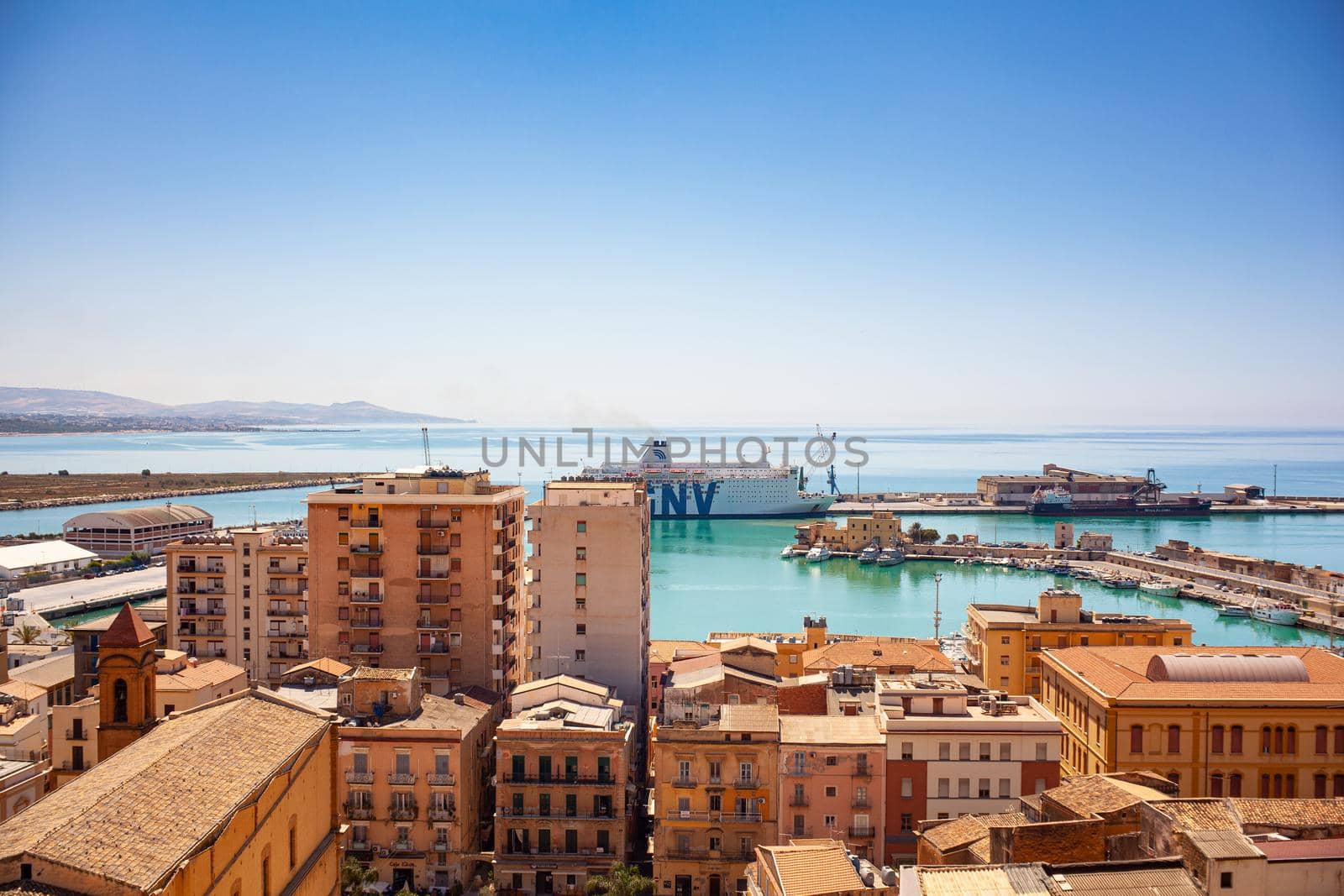 View of the GNV Allegra quarantine ship parked in the porto Empedocle dock by bepsimage