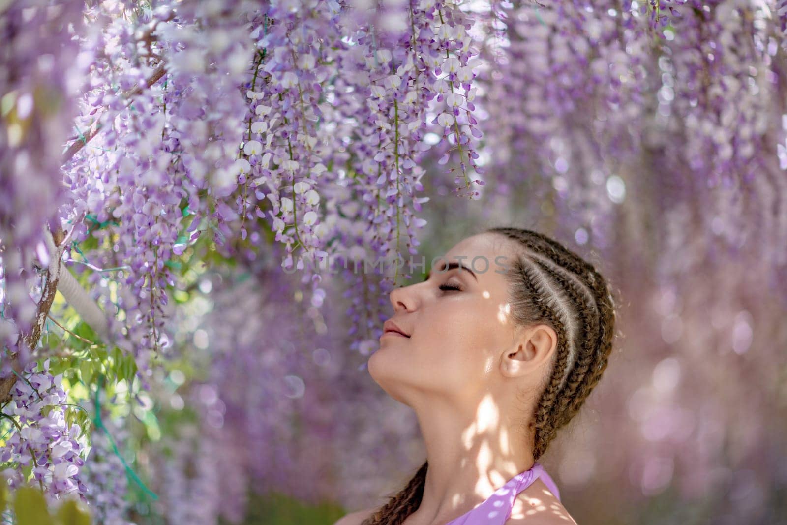 Woman wisteria lilac dress. Thoughtful happy mature woman in purple dress surrounded by chinese wisteria.