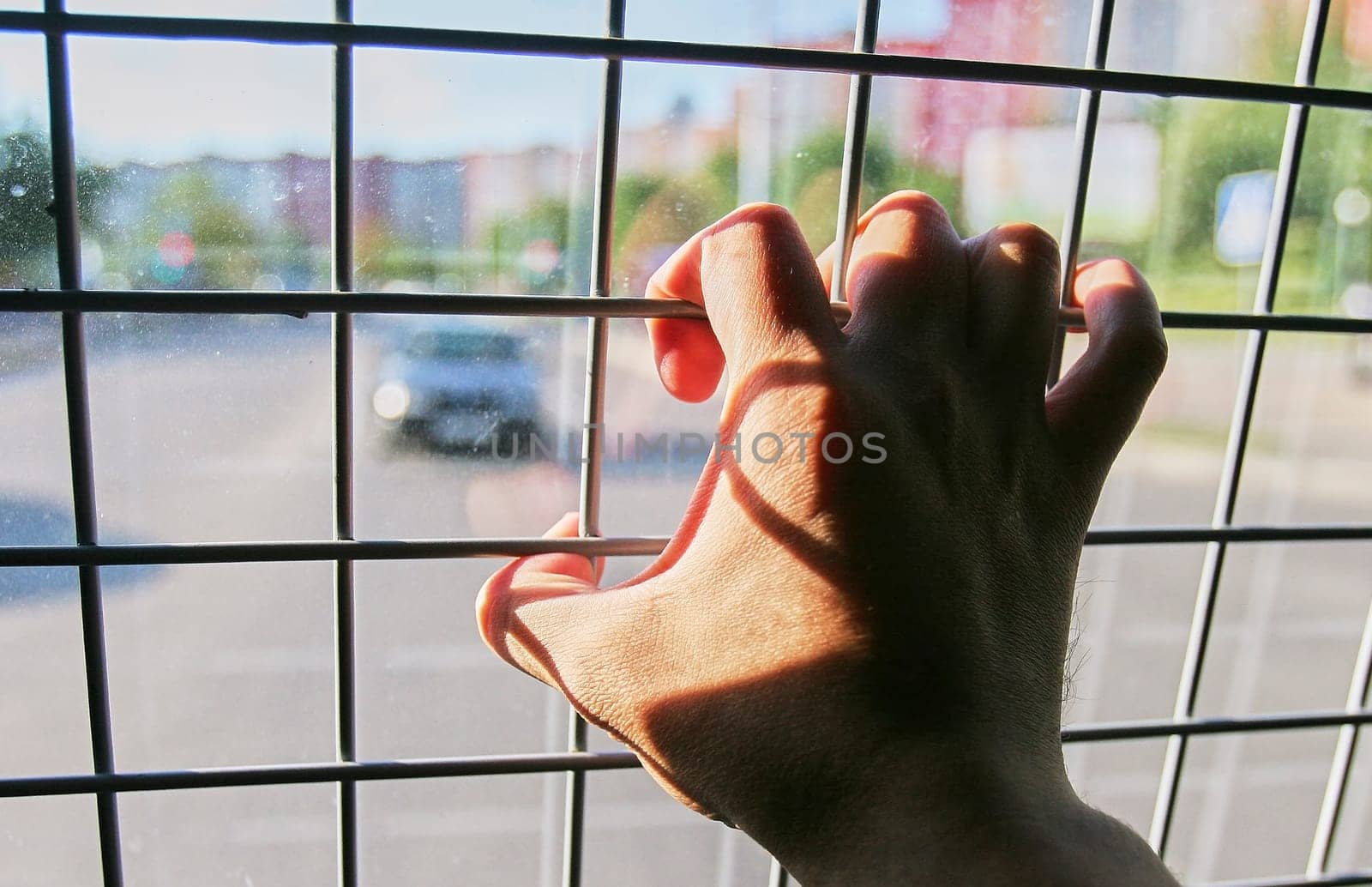 Man in prison hand holding a steel cage prison bars. criminal criminal is locked in prison. The hand of a detained man in a police car.