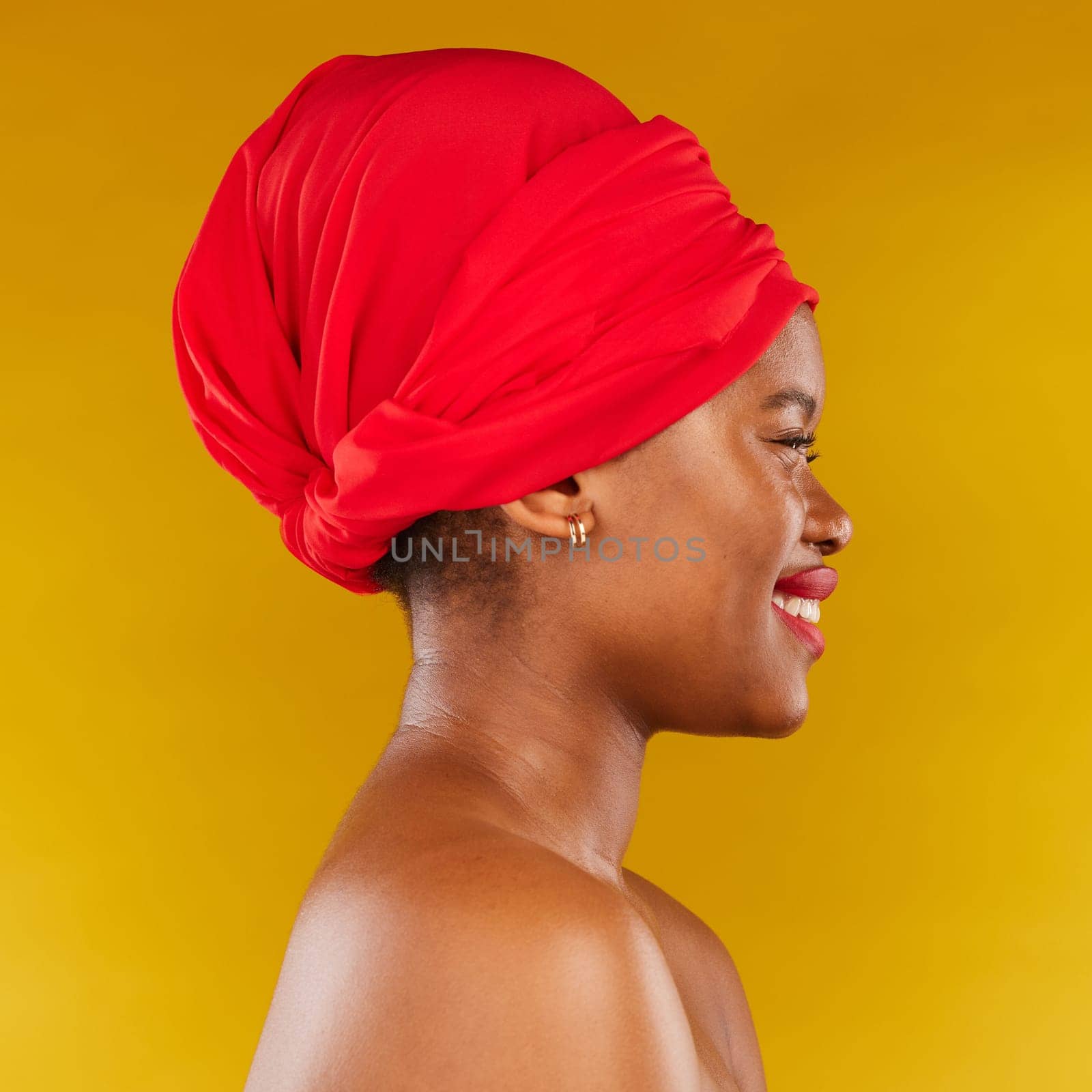 Happy face profile, red makeup and black woman with natural spa skincare, real aesthetic beauty or foundation cosmetics. Studio dermatology, head scarf or African person wellness on yellow background.