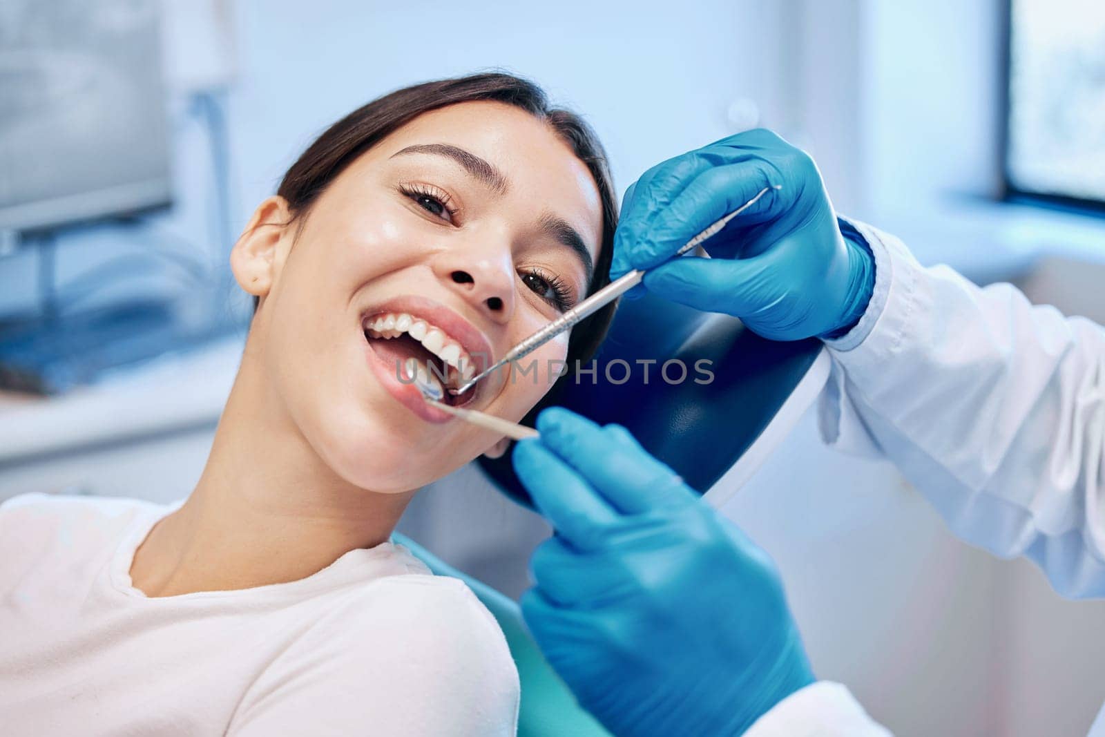 Healthcare, dentist tools and portrait of woman for teeth whitening, service and dental care. Medical consulting, dentistry and orthodontist with patient for oral hygiene, wellness and cleaning.