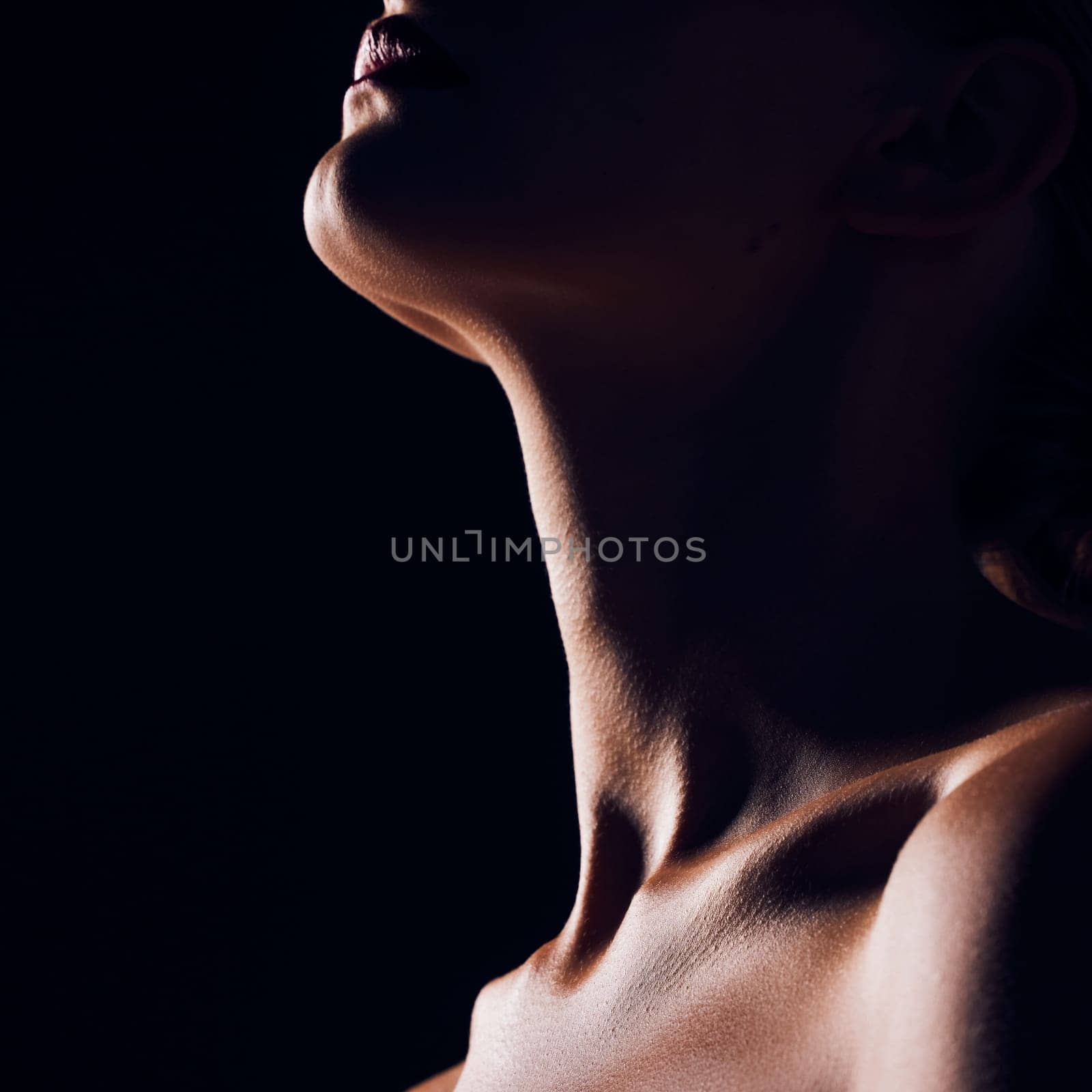 Skincare, neck and person on black background for creative lighting, shadow and silhouette. Aesthetic, beauty and closeup of body in dark studio with macro of skin for art deco, wellness and glow by YuriArcurs
