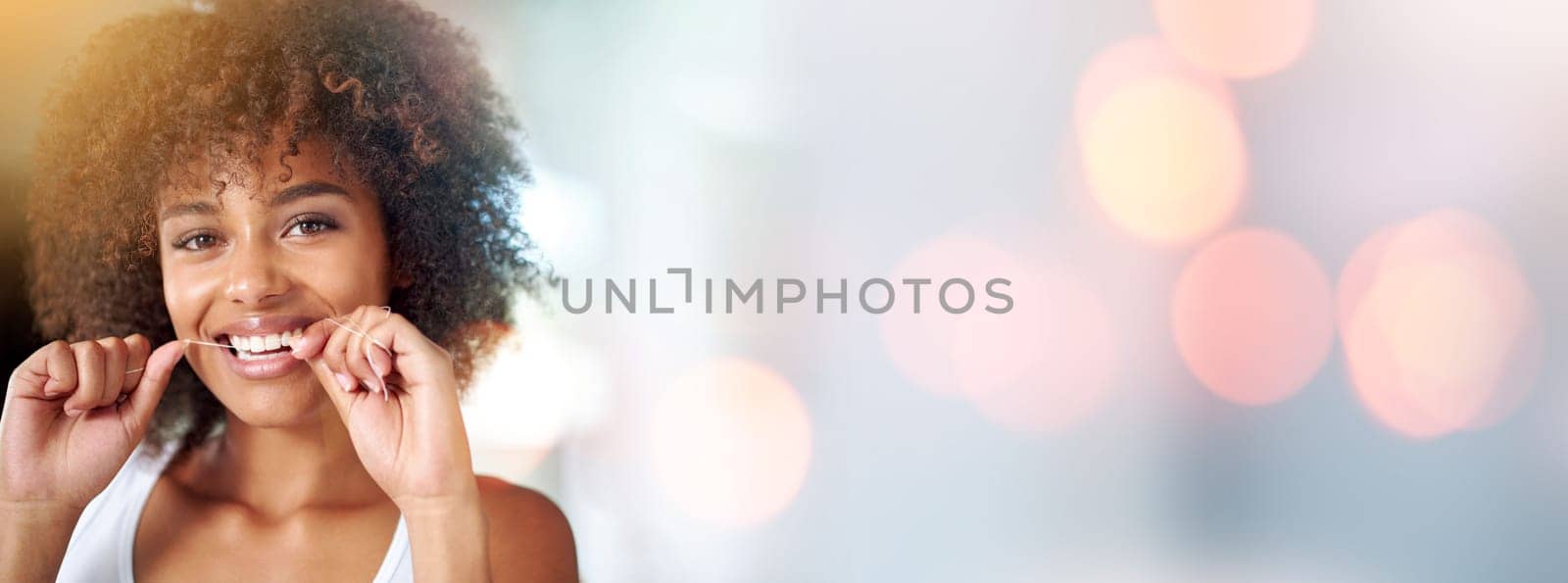 Black woman, dental floss portrait and space for mockup, smile and happiness with afro, self care and cleaning, Young model, gen z african and happy with dentistry product, healthcare and wellness.