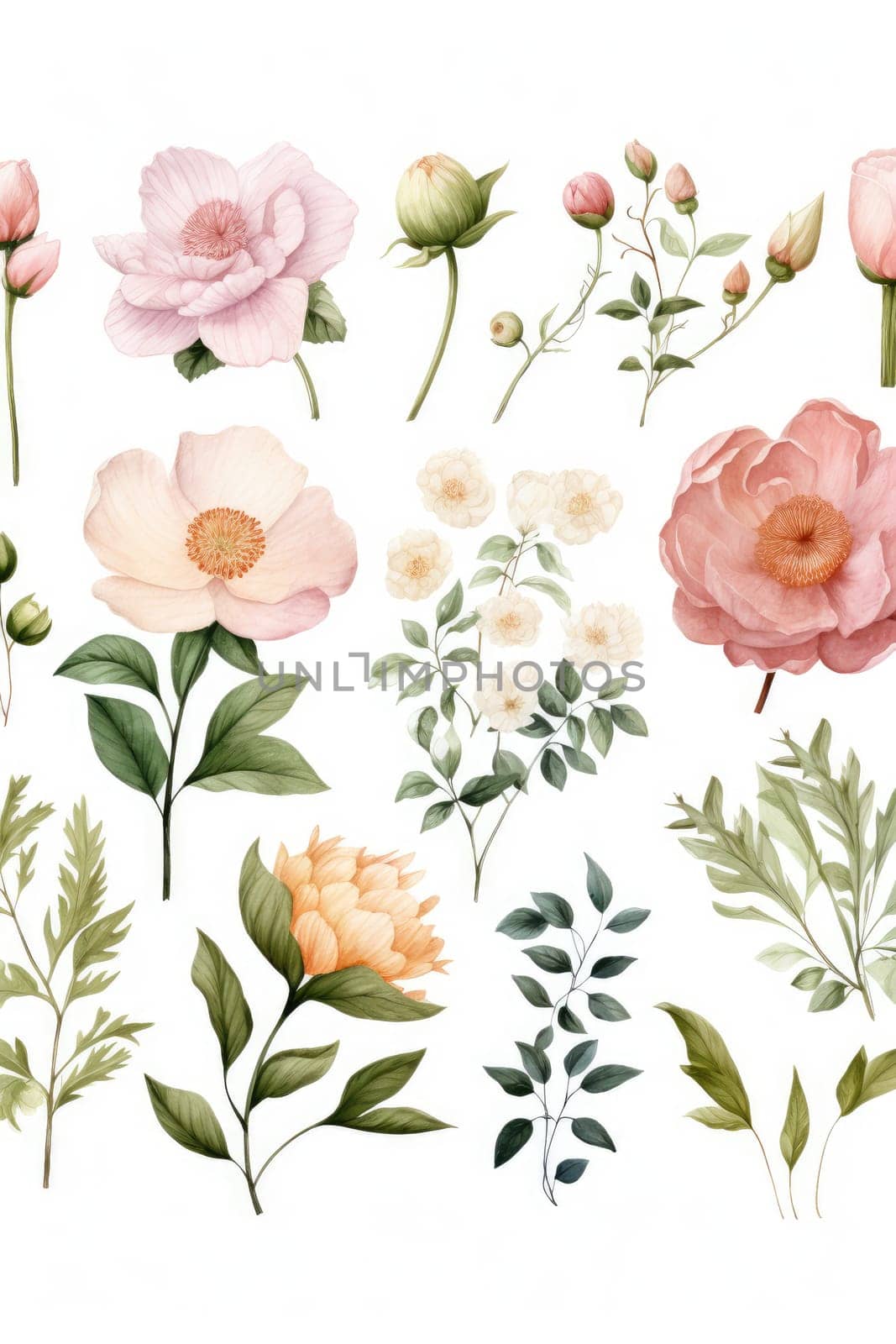 botanical pattern with watercolor flowers, AI Generated. High quality illustration