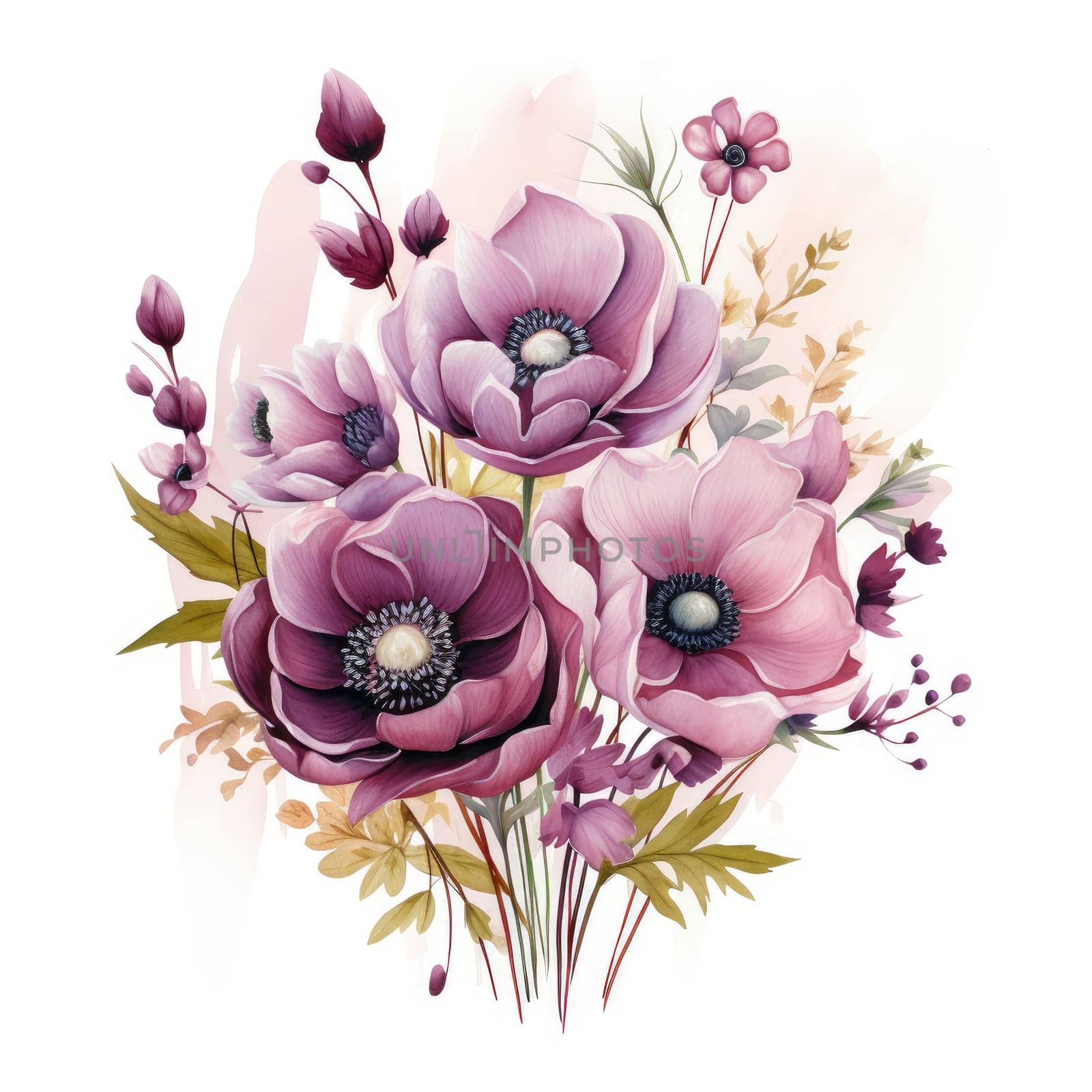 Blue and purple watercolor flowers bouquet, roses, peonies and leaves AI Generated.