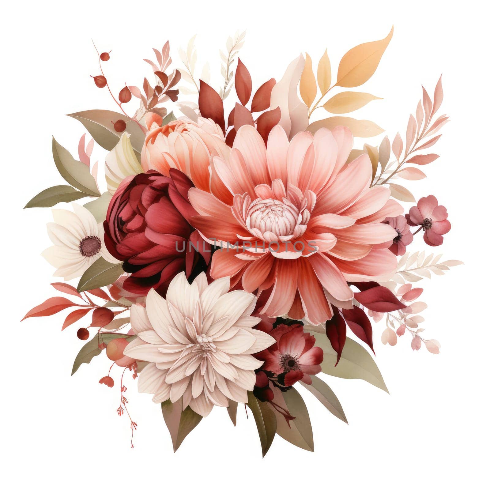 pink and red watercolor flowers bouquet, roses, peonies and leaves AI Generated.