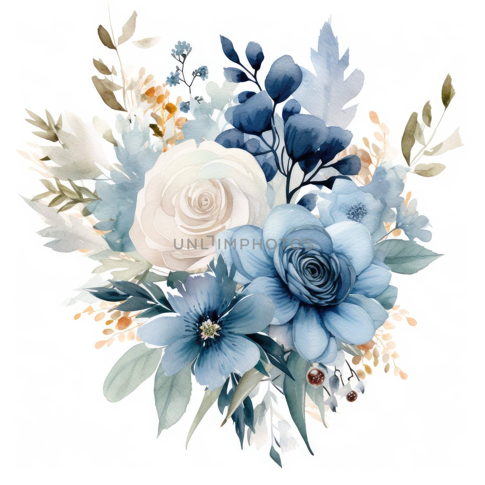 Blue and white watercolor flowers bouquet, AI Generated by Desperada