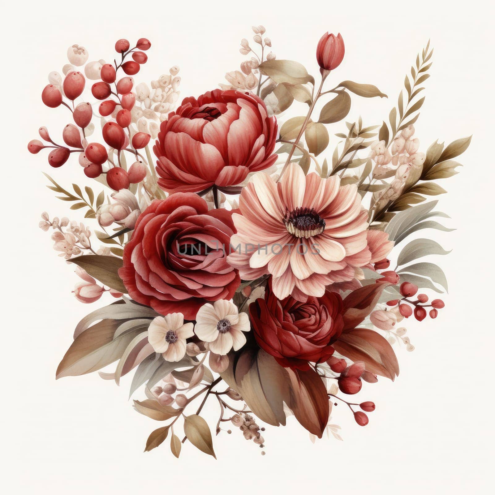pink and red watercolor flowers bouquet, roses, peonies and leaves AI Generated.