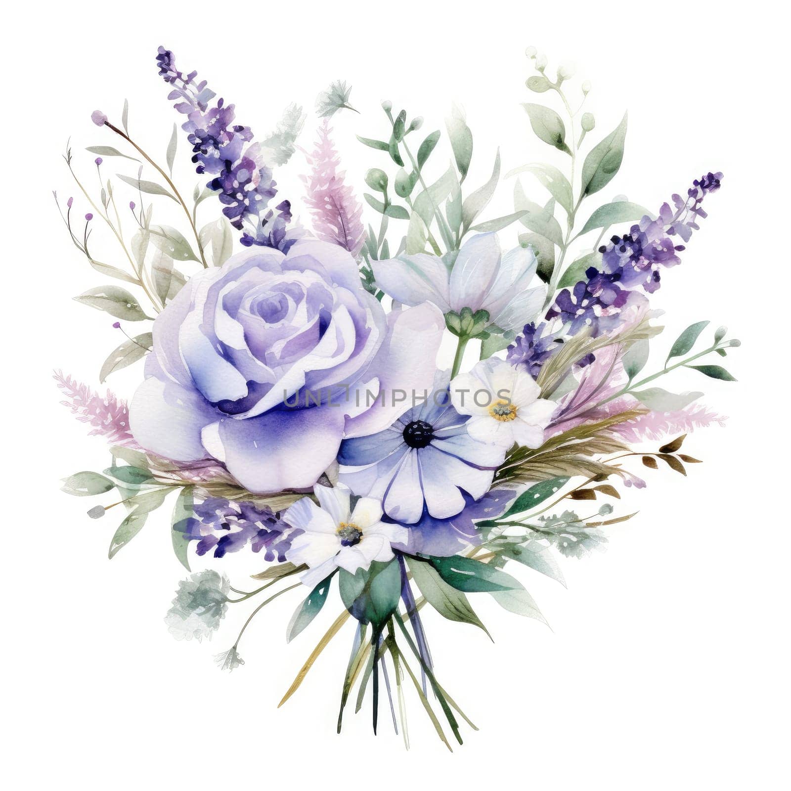 Blue and purple watercolor flowers bouquet, AI Generated by Desperada