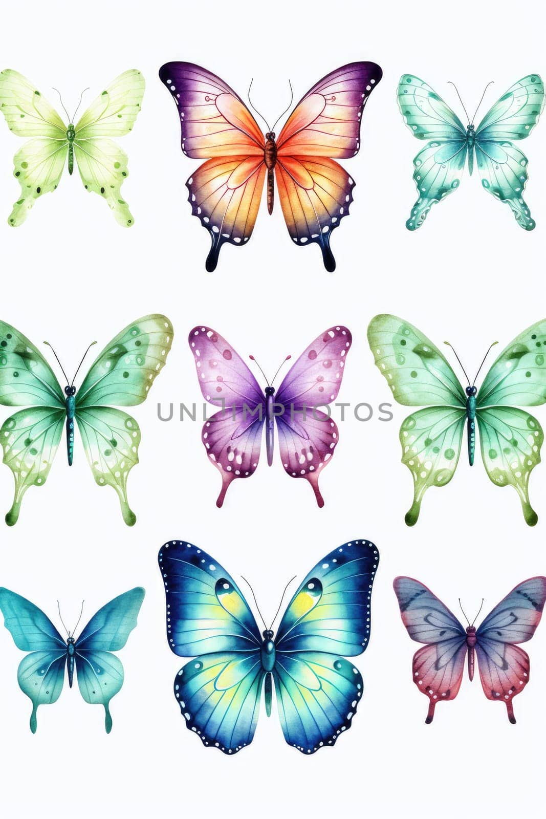 set of watercolor butterflies isolated on white, AI Generated. High quality illustration