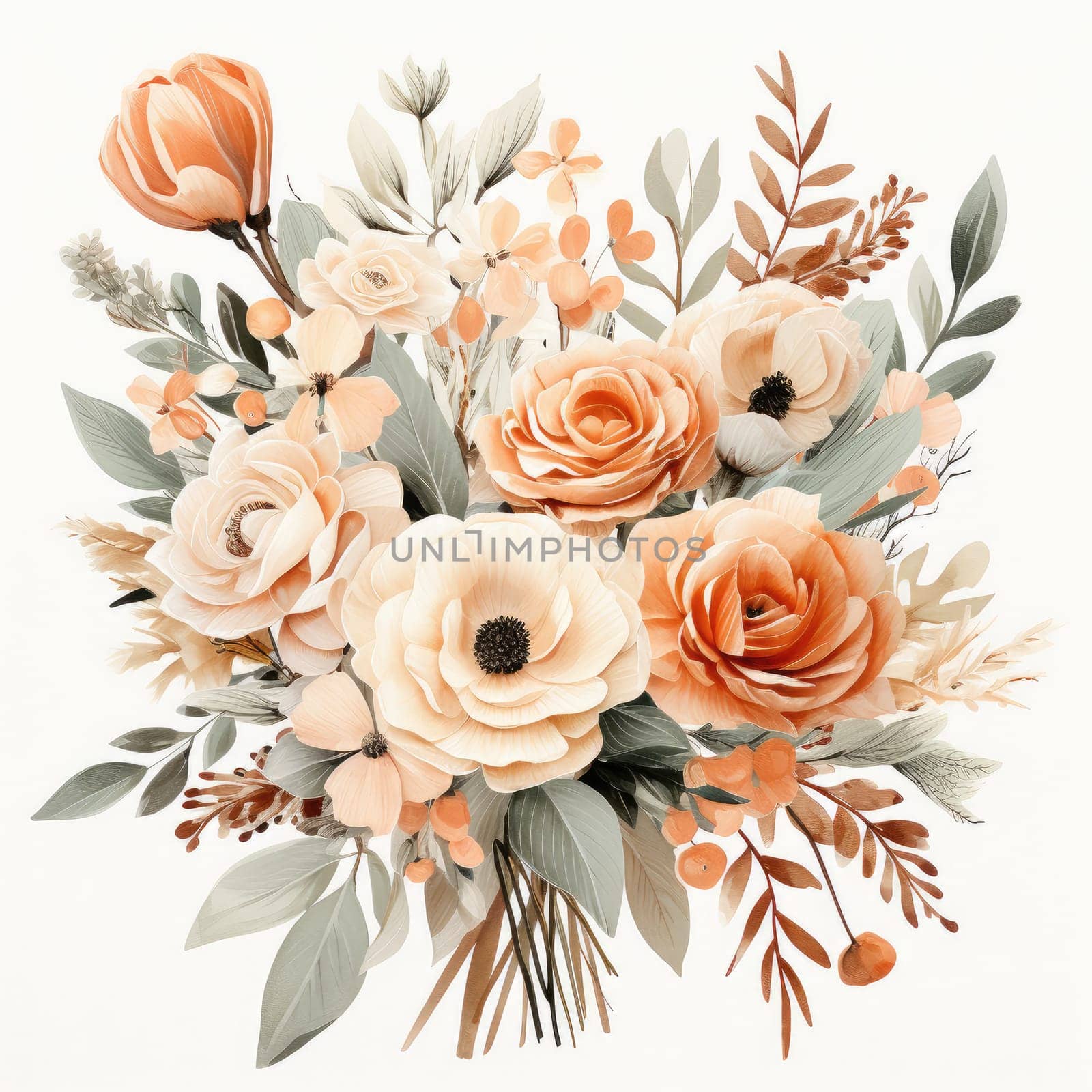 Blue and orange watercolor flowers bouquet, AI Generated by Desperada