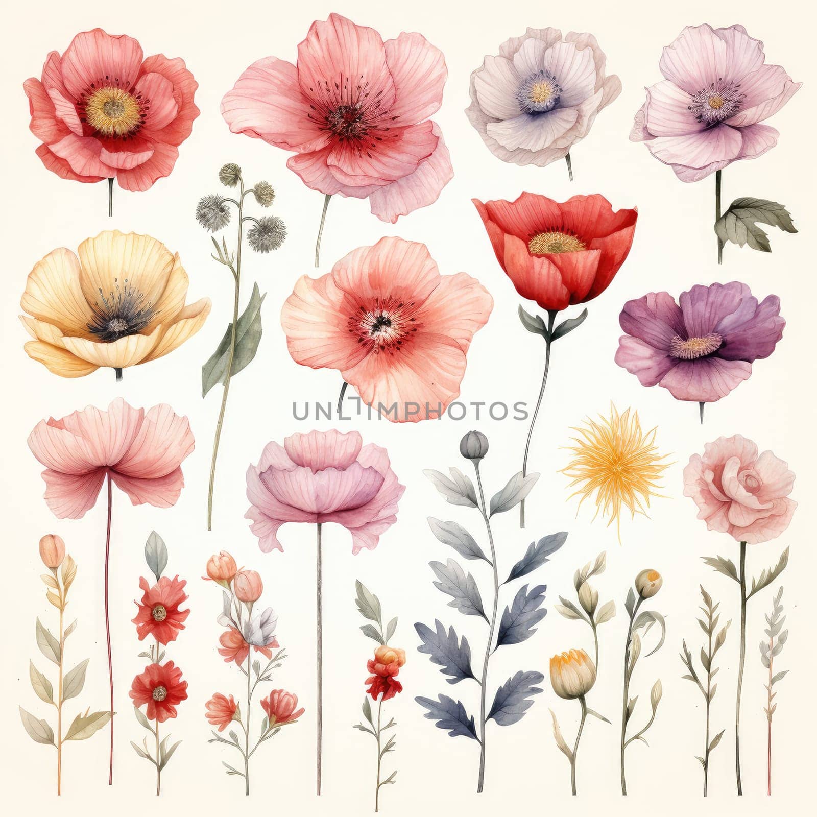 floral doodle design elements, flowers and leaves on white background , AI Generated.