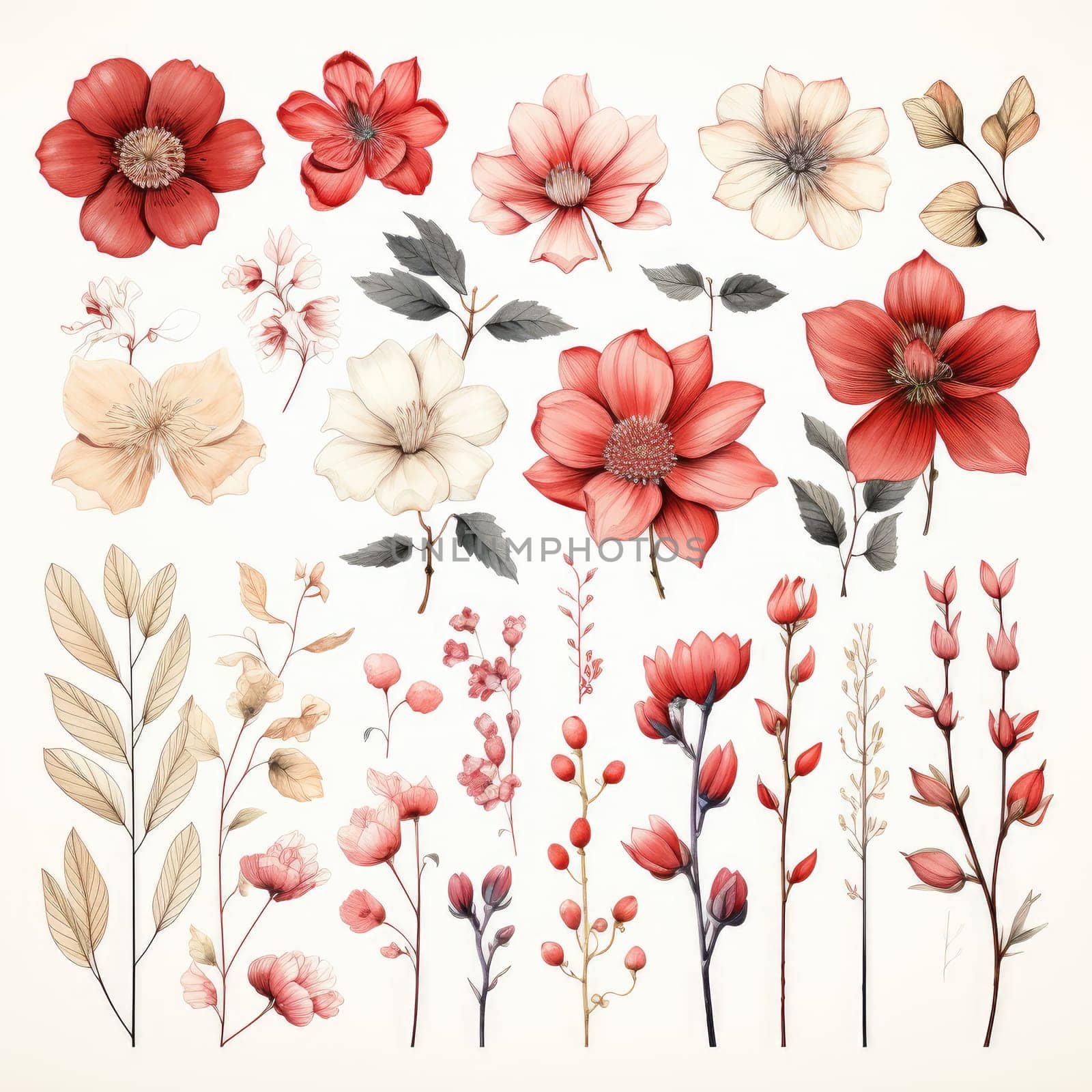 floral doodle design elements, flowers and leaves on white background , AI Generated.