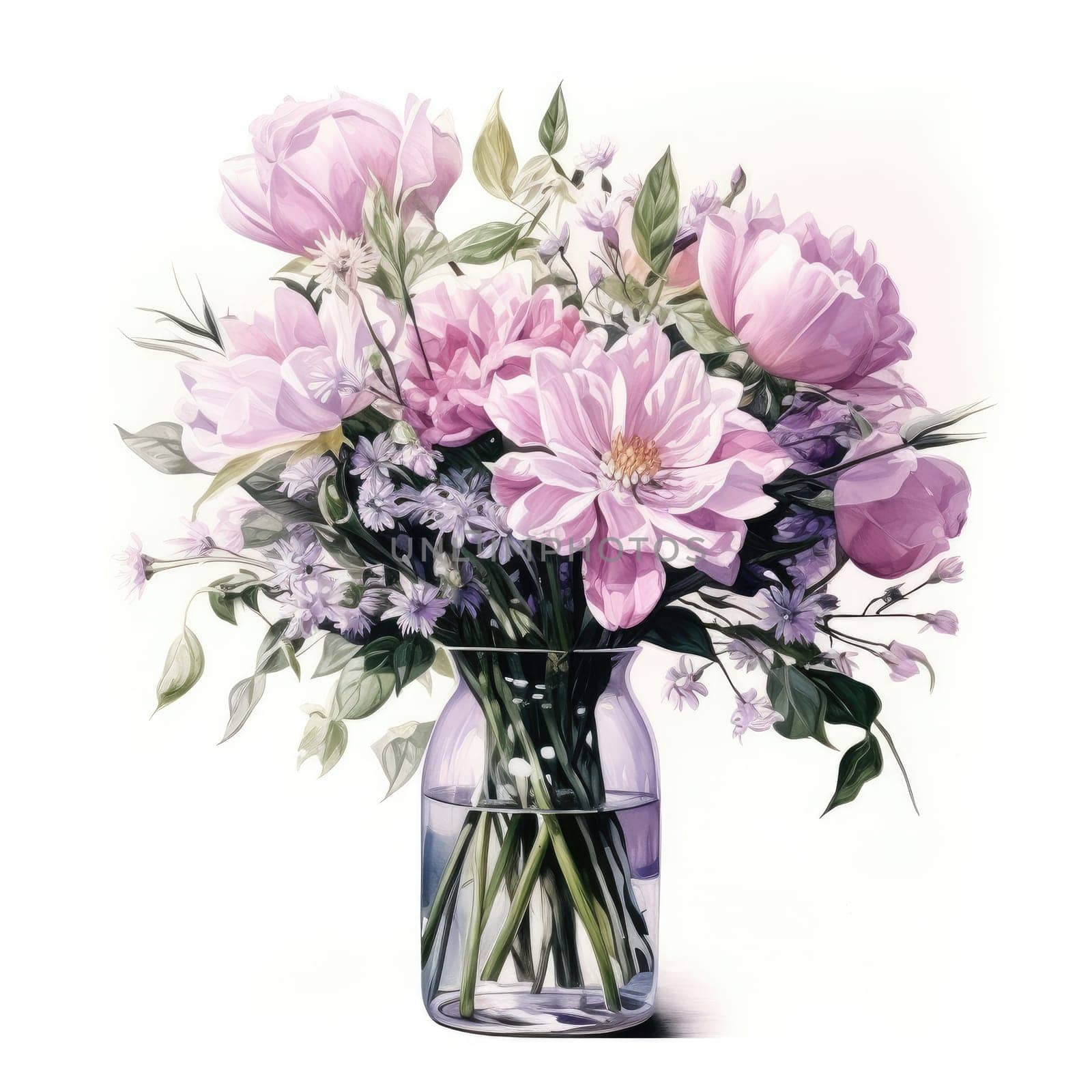 purplr watercolor flowers bouquet in vase, roses, peonies and leaves AI Generated.