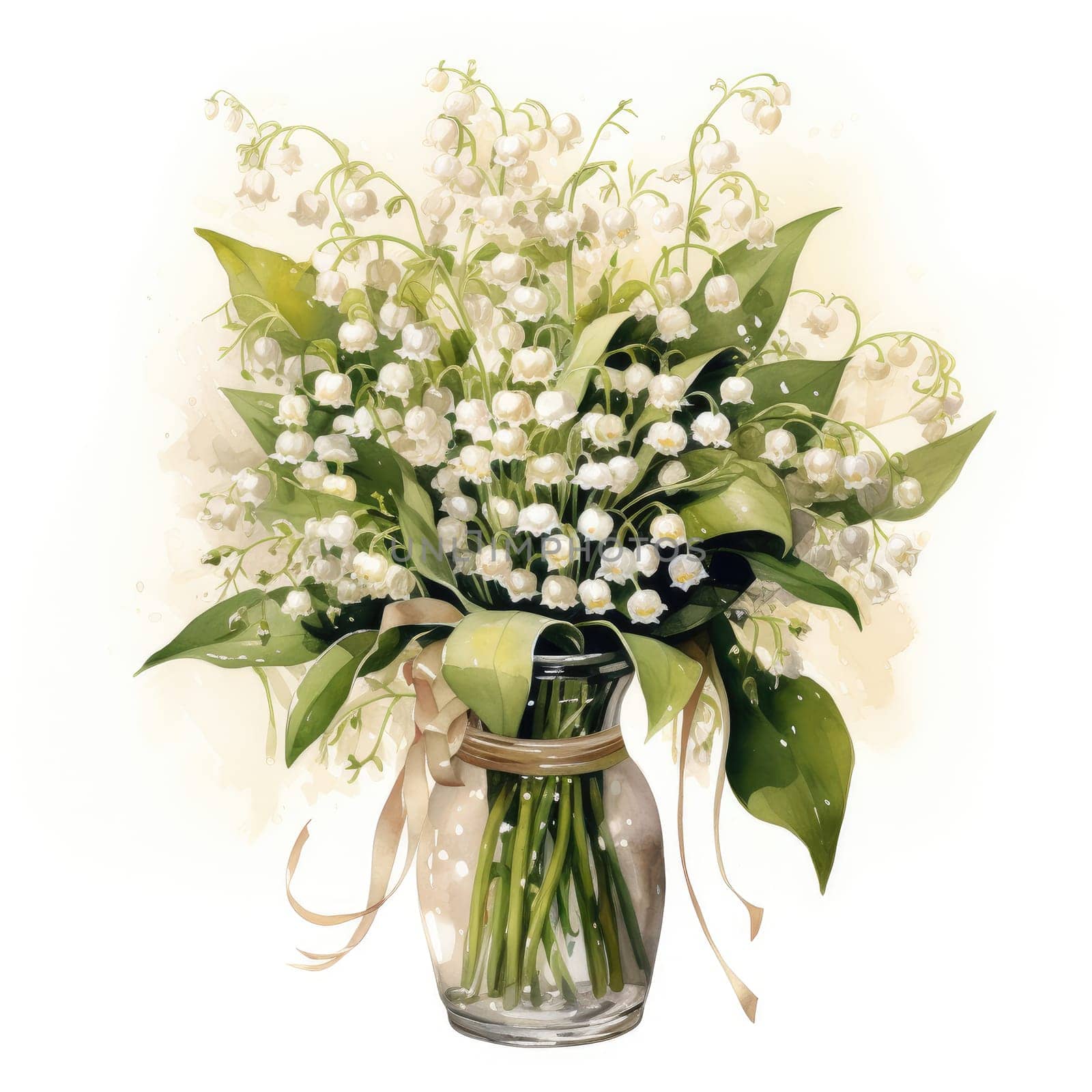 big bouquet of lilies of the valley in glass vase isolated on white, AI Generated by Desperada