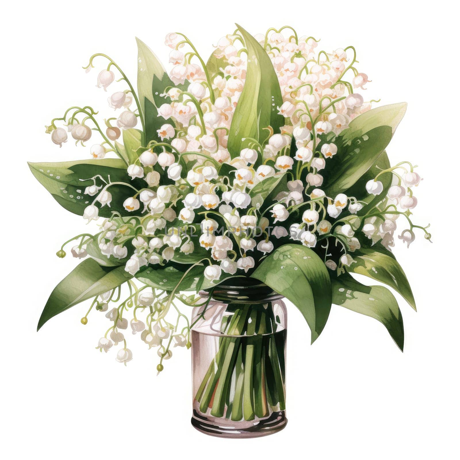 big bouquet of lilies of the valley in glass vase isolated on white, AI Generated by Desperada