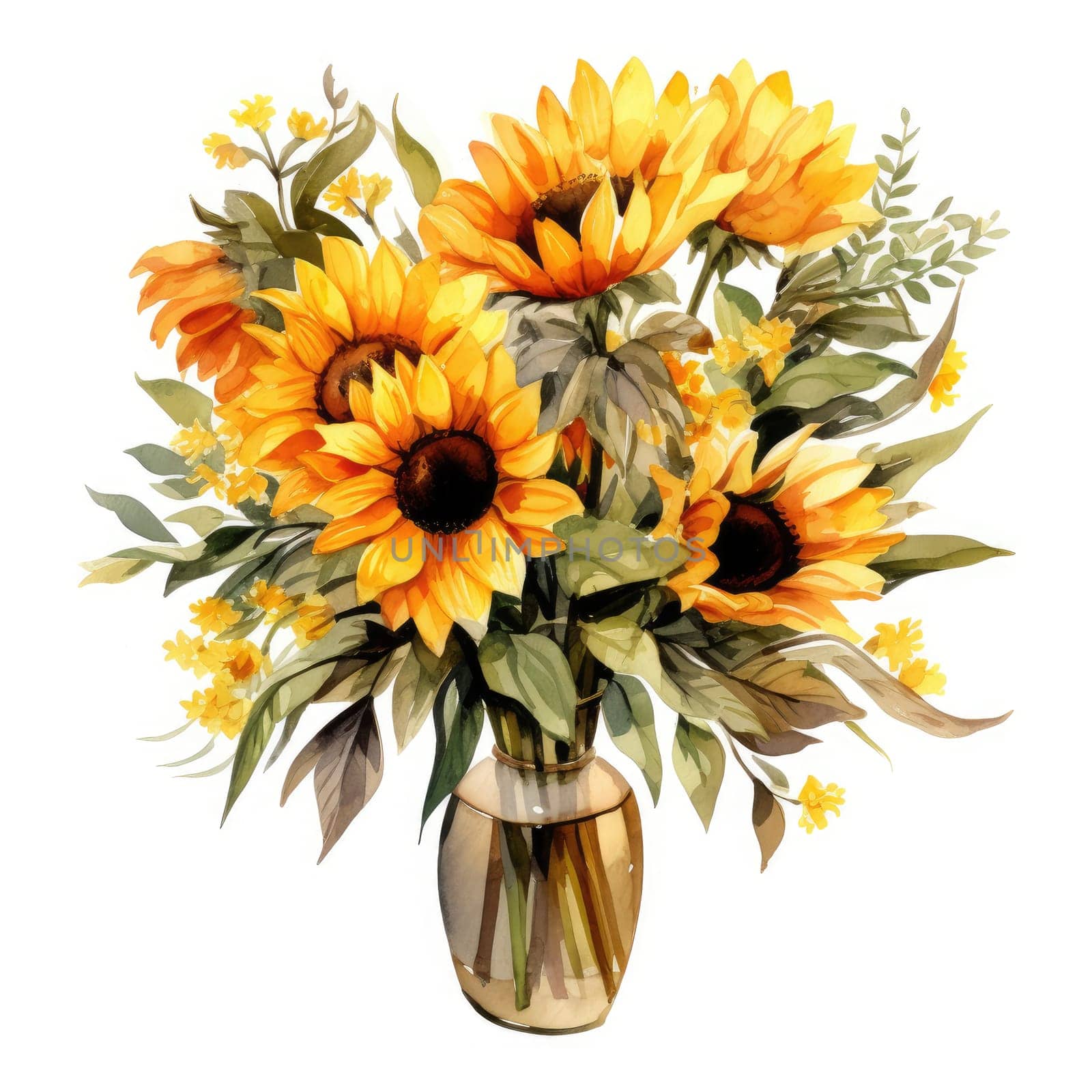 gorgeous bouquet of sunflowers in glass vase isolated on white background, AI Generated