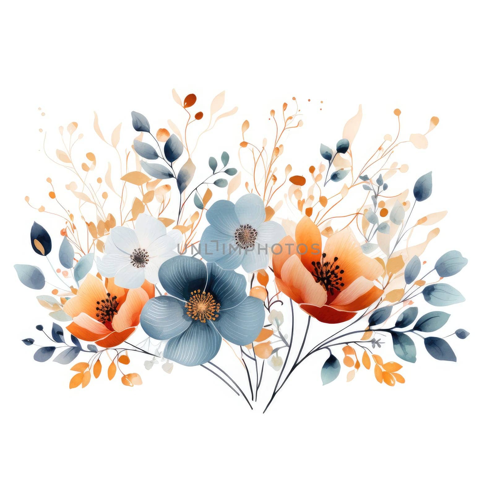 floral design with blue and orange flowers isolated on white background , AI Generated