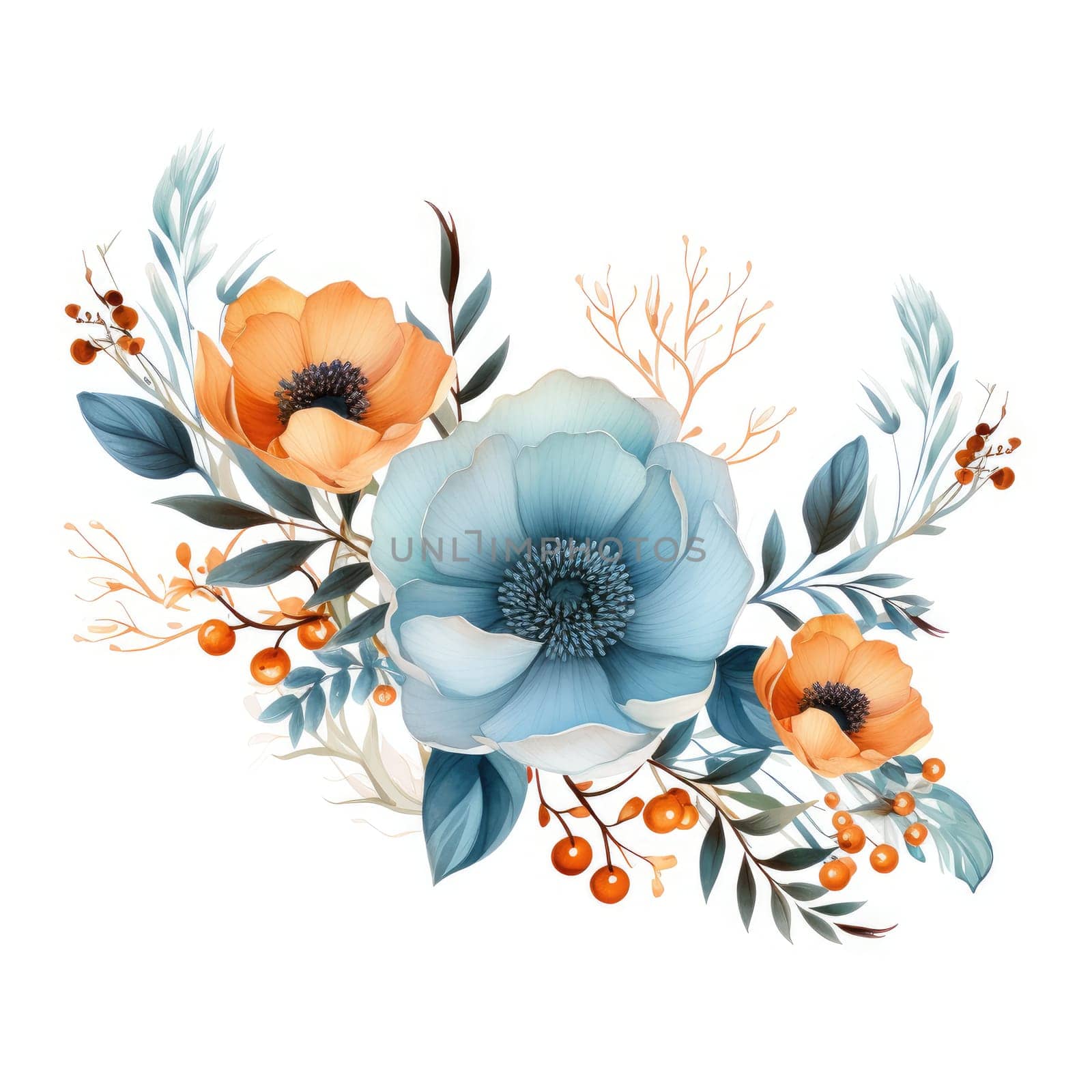 floral design with blue and orange flowers isolated on white background , AI Generated