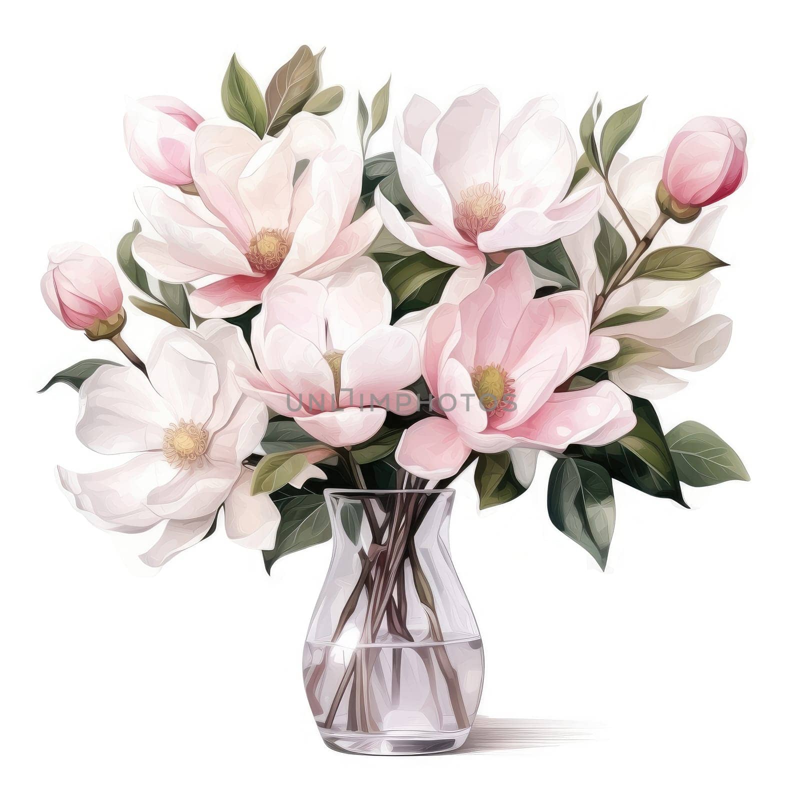 big bouquet of magnolias in glass vase isolated on white, AI Generated.