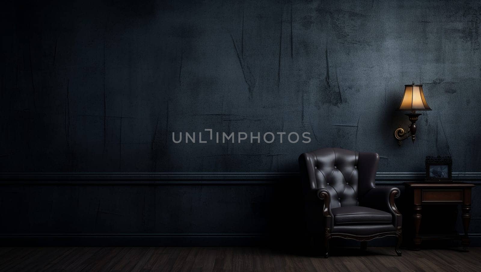 Black wall in dark colors. Wooden floors and fittings. Beautiful background for wallpaper. Wooden sofa. by Sneznyj