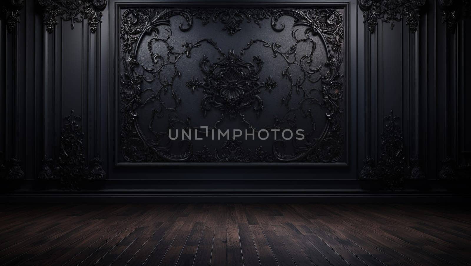 Black wall in dark colors. Wooden floors and fittings. Beautiful background for wallpaper. High quality photo. AI Generated