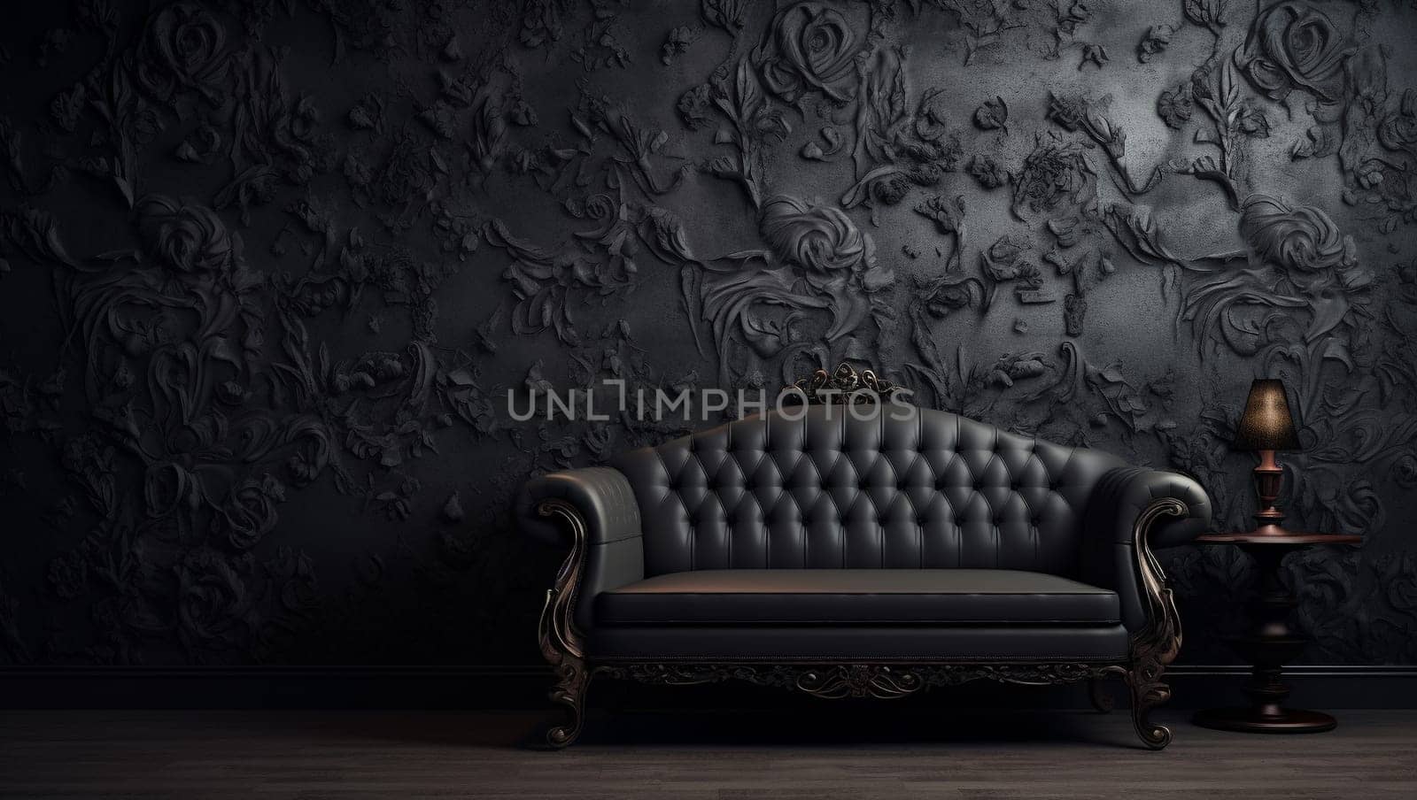 Black wall in dark colors. Wooden floors and fittings. Beautiful background for wallpaper. Wooden sofa. by Sneznyj