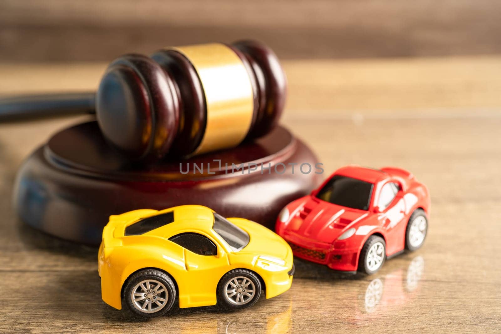 Bangkok, Thailand, January 1, 2023 Hammer gavel judge with car vehicle accident, insurance coverage claim lawsuit court case.