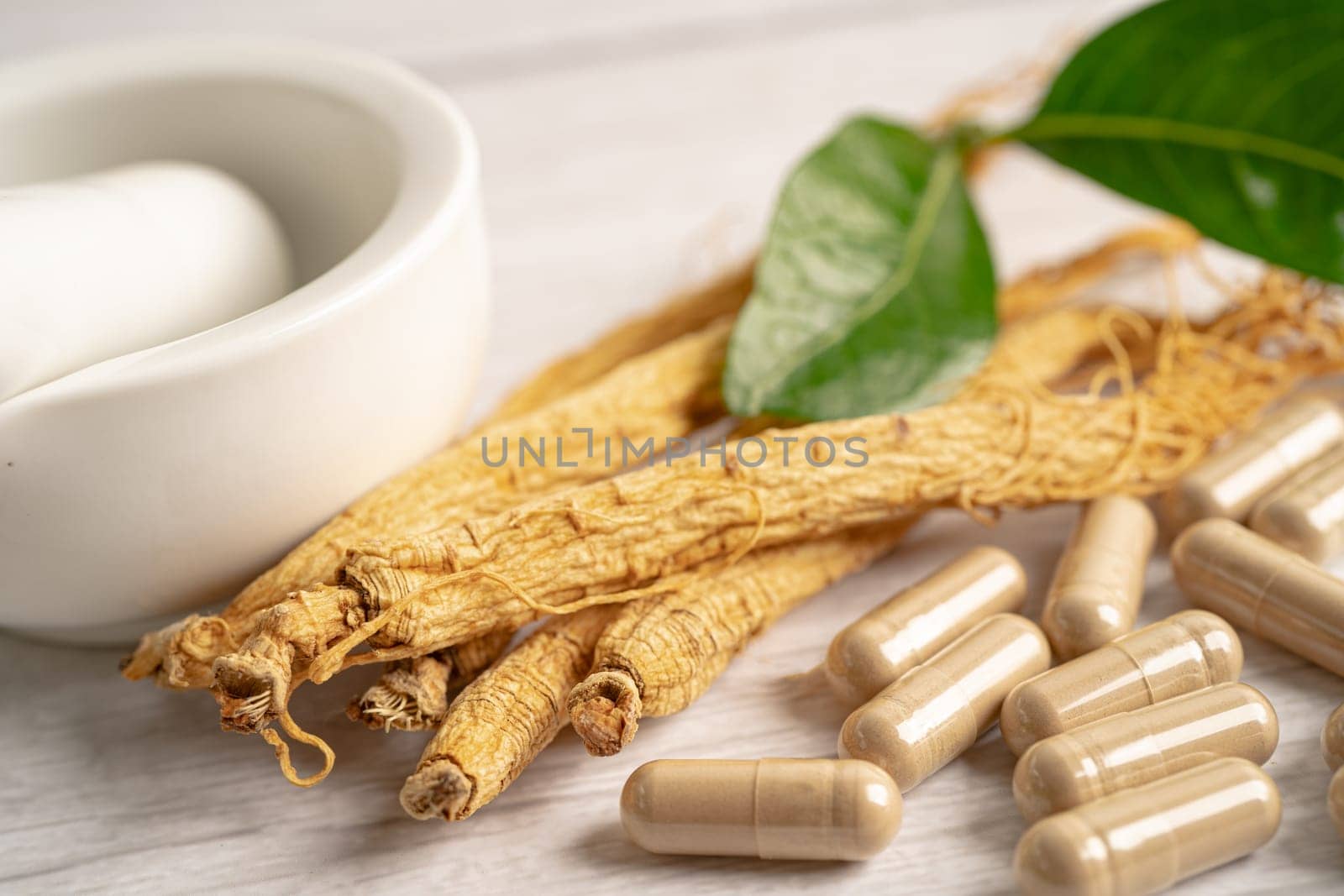 Ginseng, dried vegetable herb. Healthy food famous export food in Korea country. by pamai