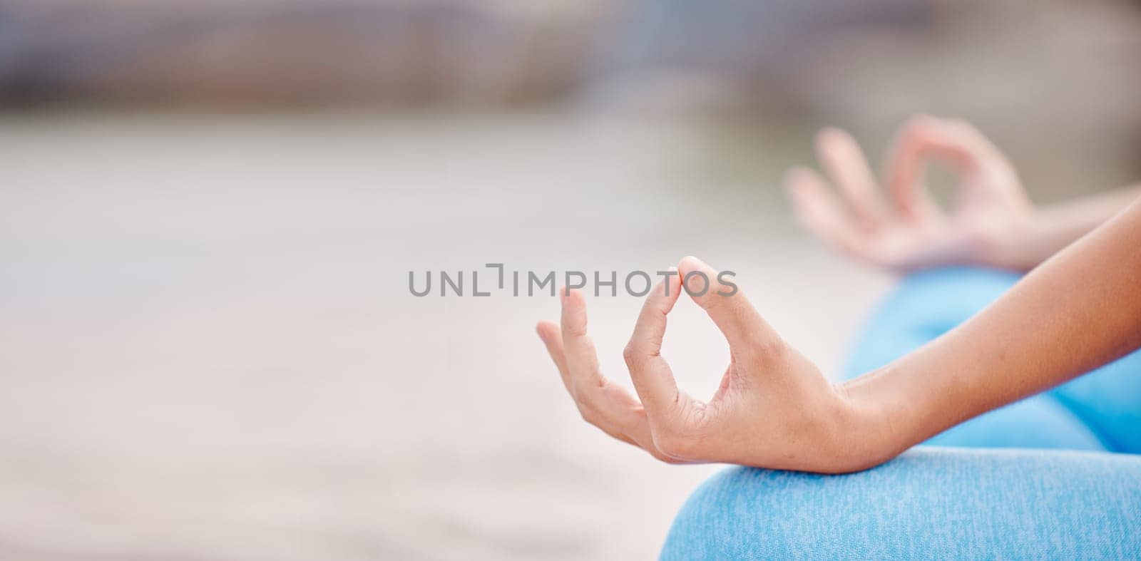 Woman, hands and yoga on mockup for meditation, spiritual wellness or outdoor zen workout in fitness. Closeup of calm female person in relax on beach for mindfulness, awareness or inner peace by YuriArcurs