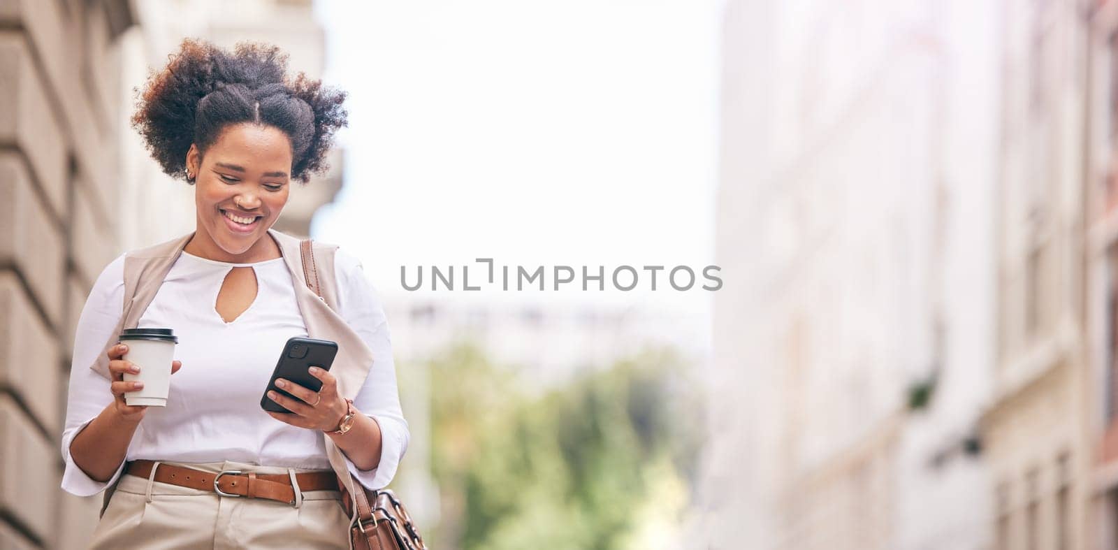 Phone, city and business woman travel and walking in a town typing on social media, online or internet with space. Connection, street and happy person texting a contact via email, web or mobile app.