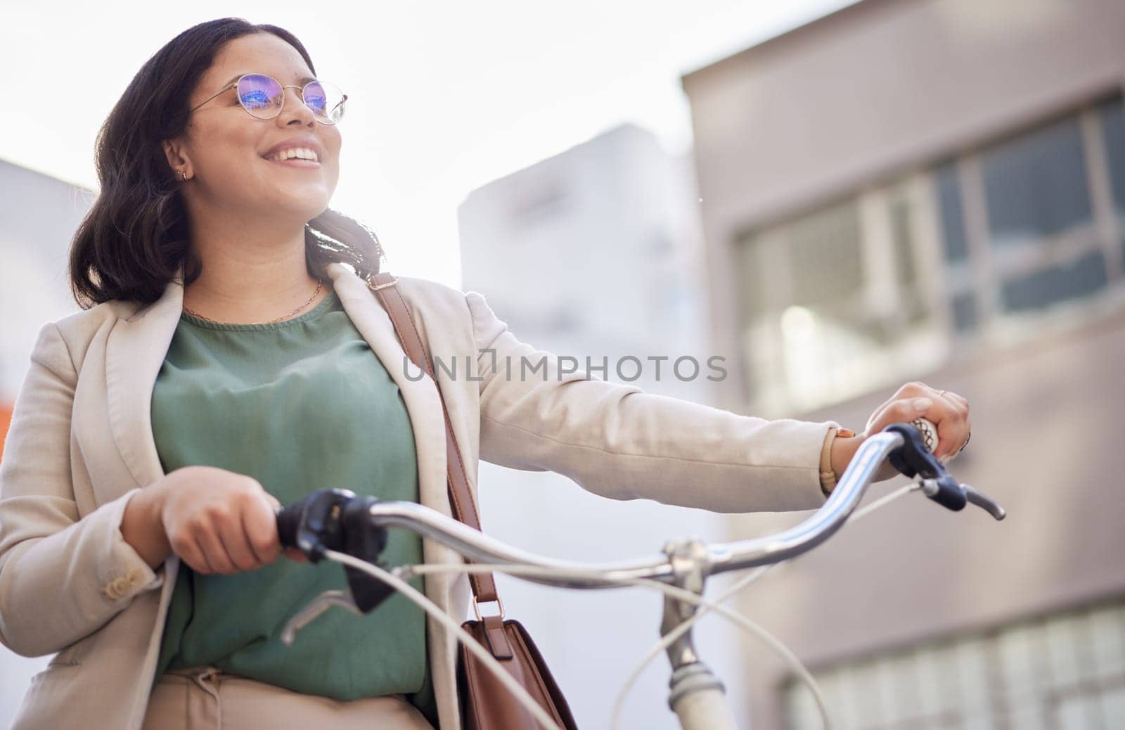 Business, woman and thinking in outdoor with bicycle for travel with smile and marketer. Professional, happy and female person with bike in street for transportation in city with bag to commute. by YuriArcurs