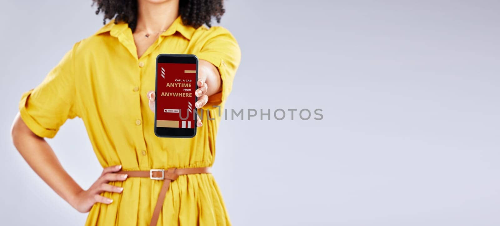 Hands, phone screen and woman with app for taxi isolated in studio on a white background mockup space. Smartphone, travel and person with application, advertising and marketing to call transportation.