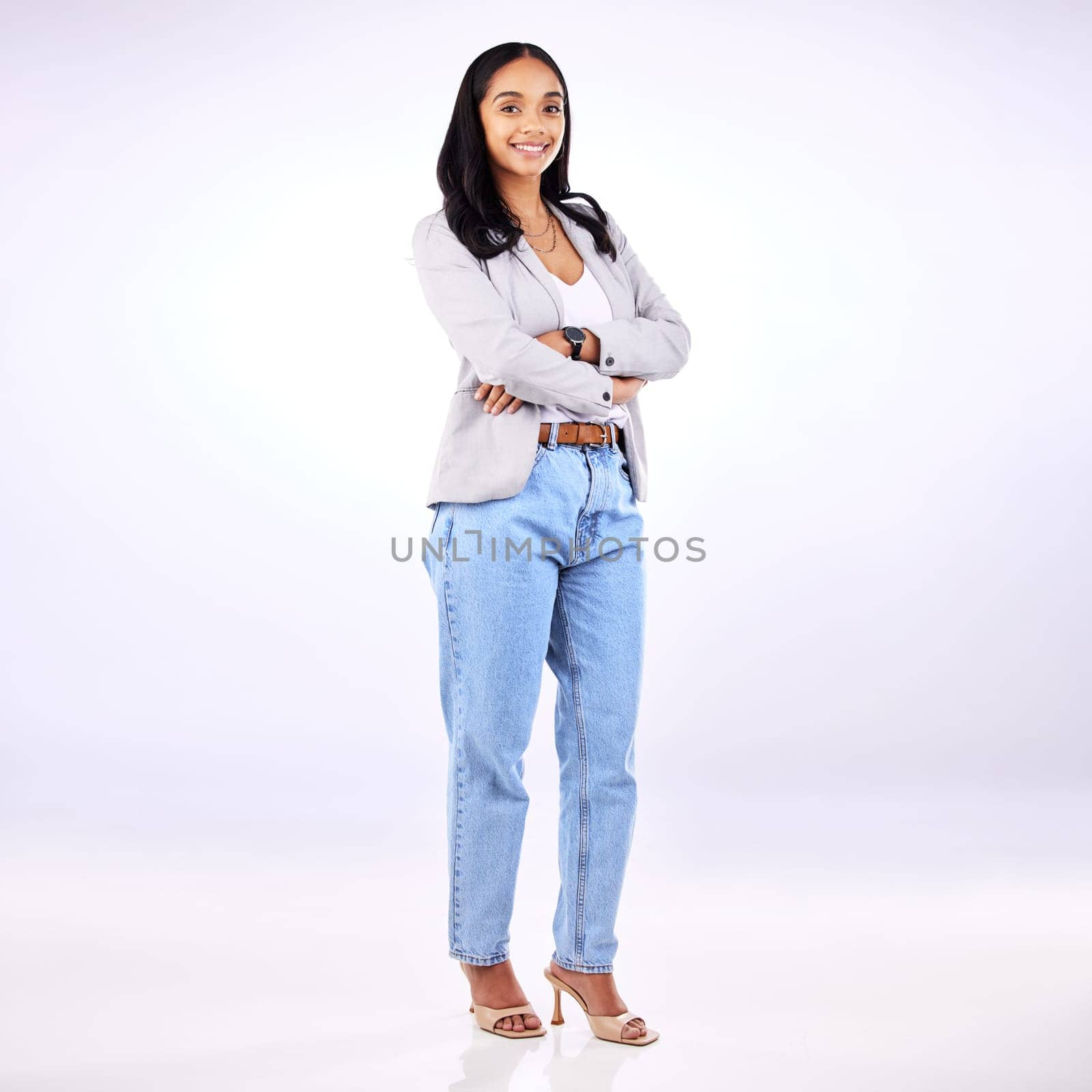 Business, casual and portrait of woman with arms crossed, confidence and employee with pride on white background in studio. Happy, face and fashion for businesswoman with smile or working in admin.