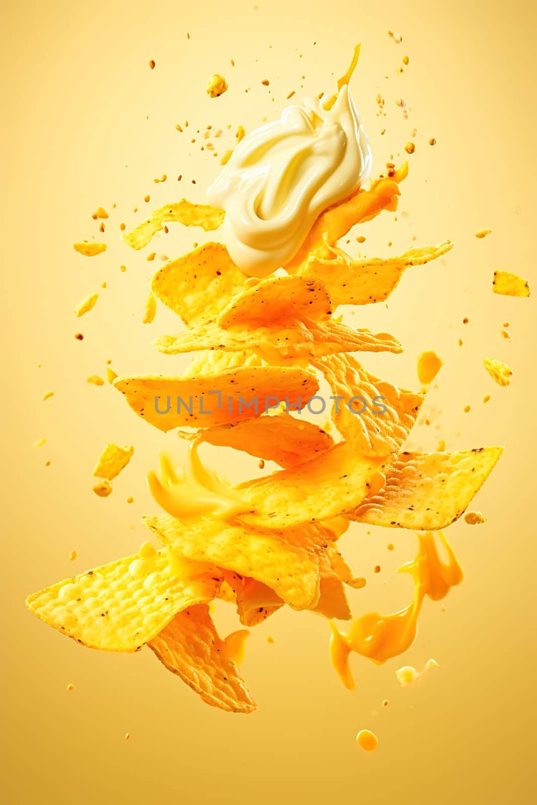 Potato chips with cheese sauce on a yellow background. Levitation. High quality photo