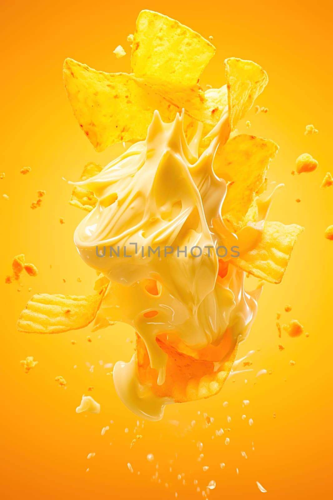 Potato chips with cheese sauce on a yellow background. Levitation. High quality photo