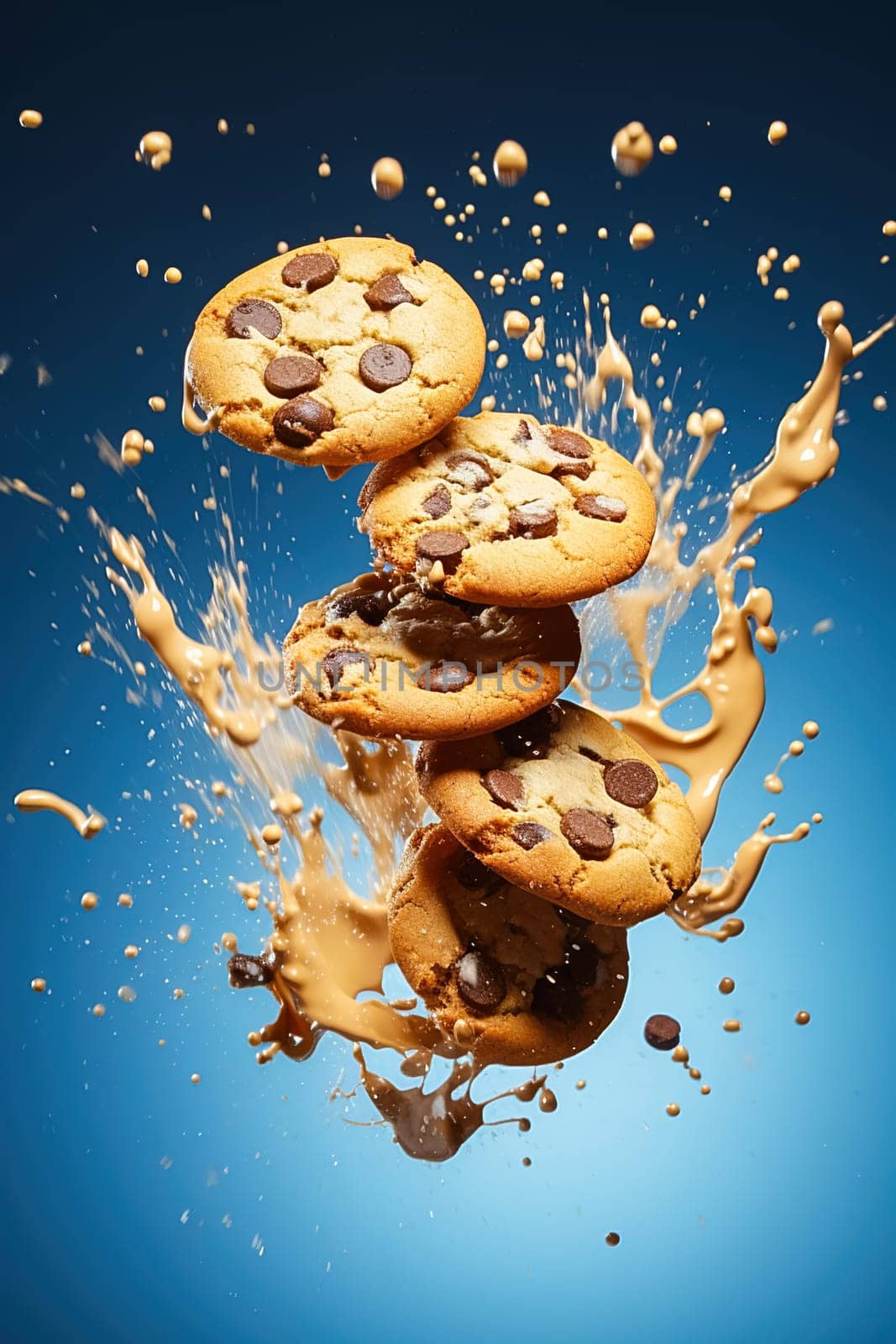 Homemade cookies in the air with cream splashes. Levitation. High quality photo