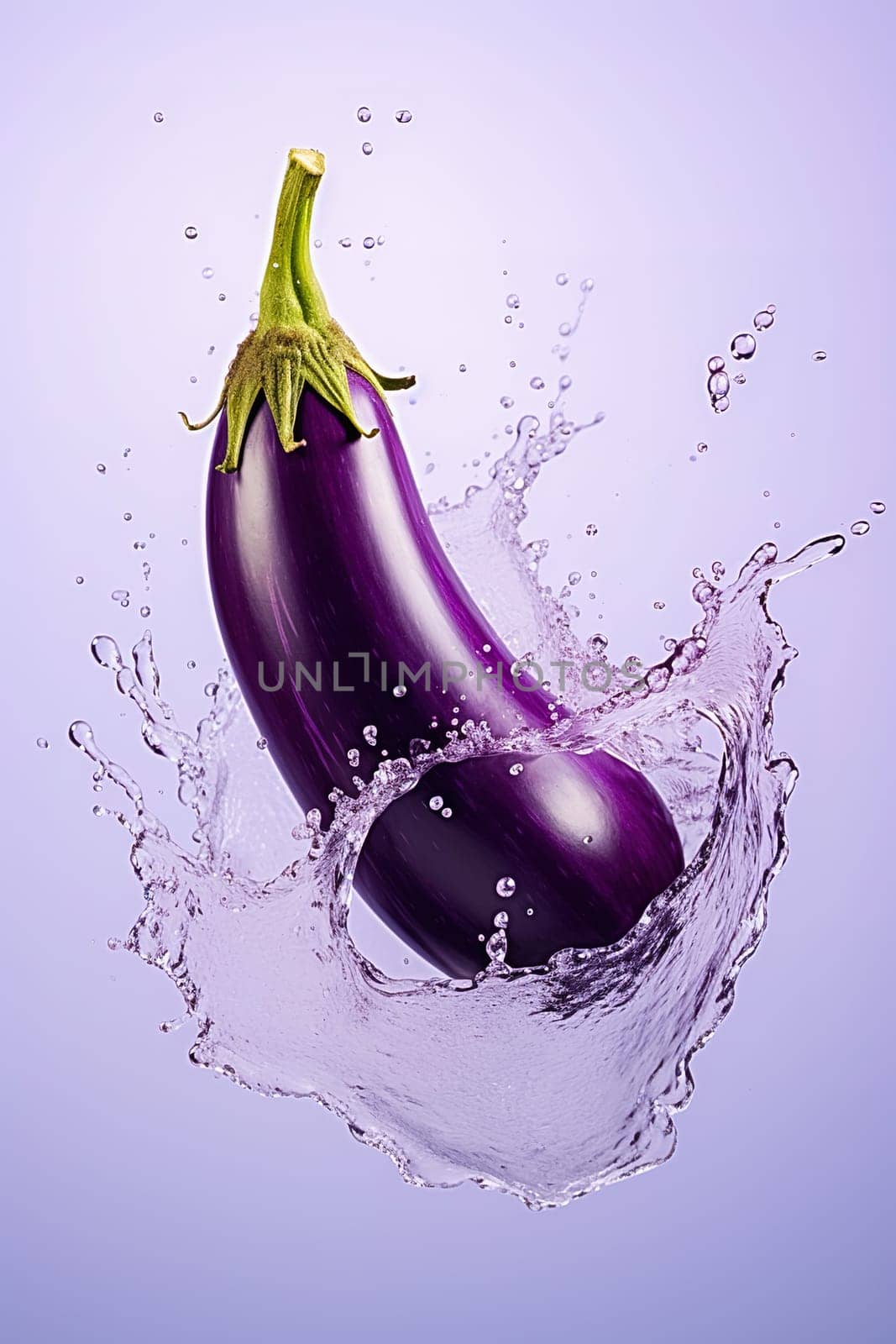 Purple eggplant in splashes of water. Levitation. High quality photo