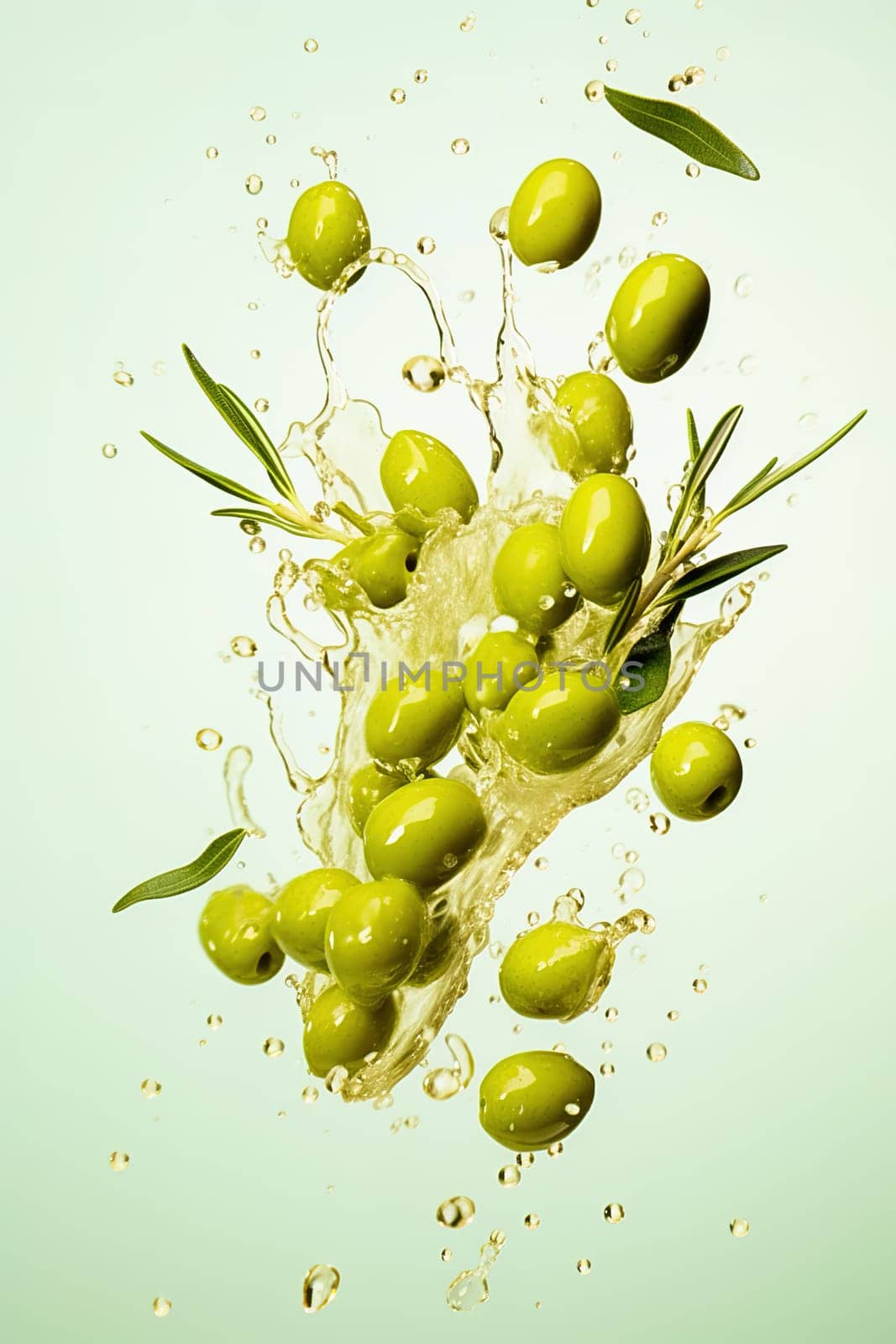 Green olives with splashes of water on a light background. Levitation. High quality photo