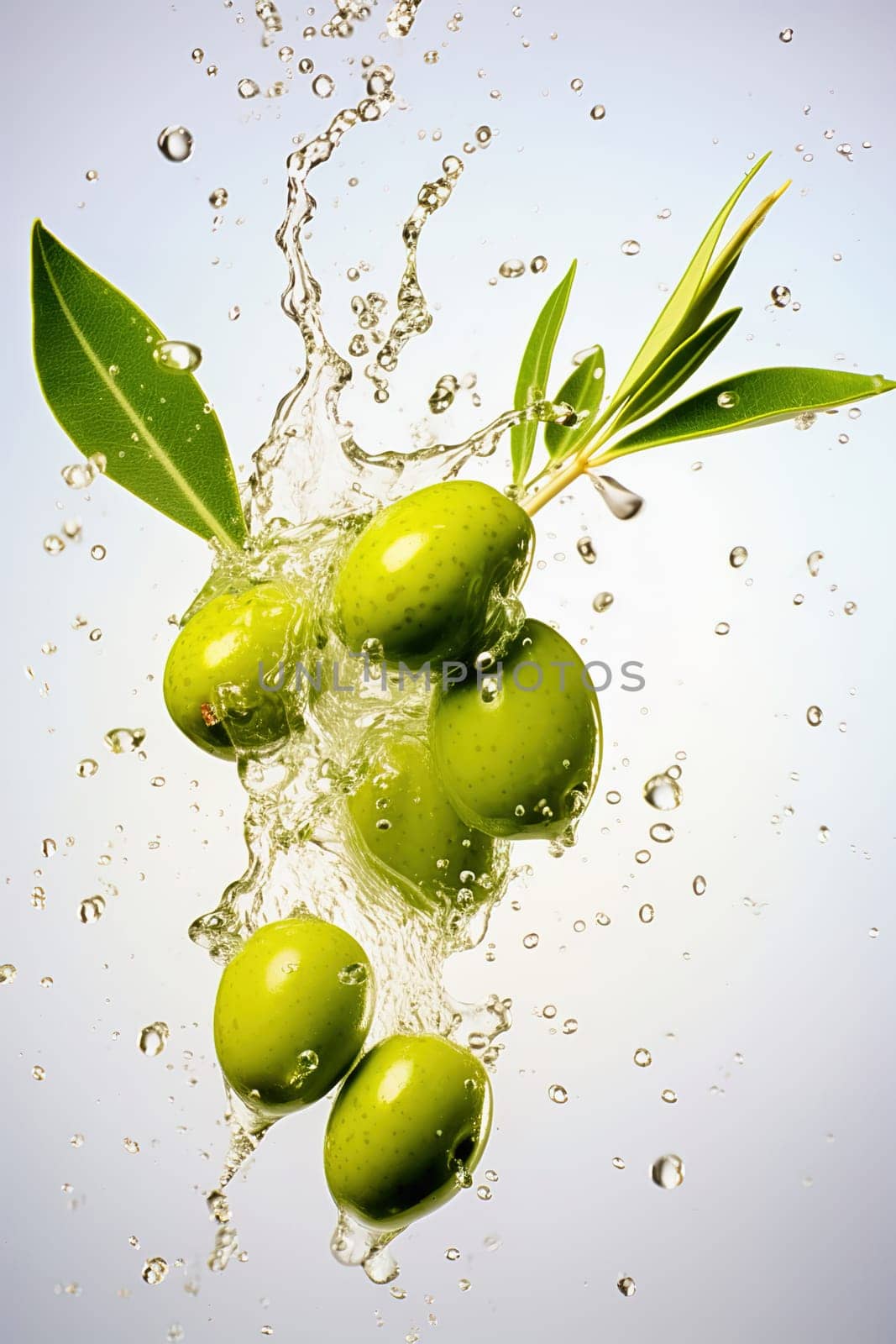 Green olives with splashes of water on a light background. Levitation. High quality photo