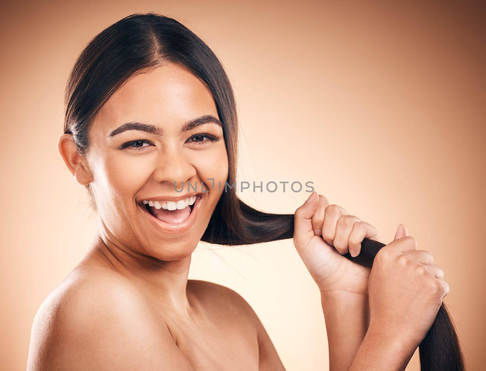 Face, hair care and excited woman with texture in studio isolated on a brown background. Hairstyle, natural cosmetic and portrait of happy model with salon treatment for balayage, growth or aesthetic.