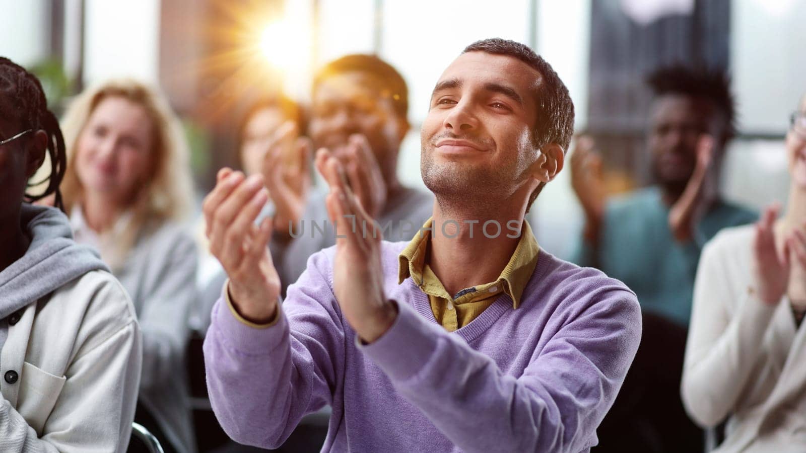 Seminar business meeting applause speaker. Crowded smiling audience clapping person speech. by Prosto