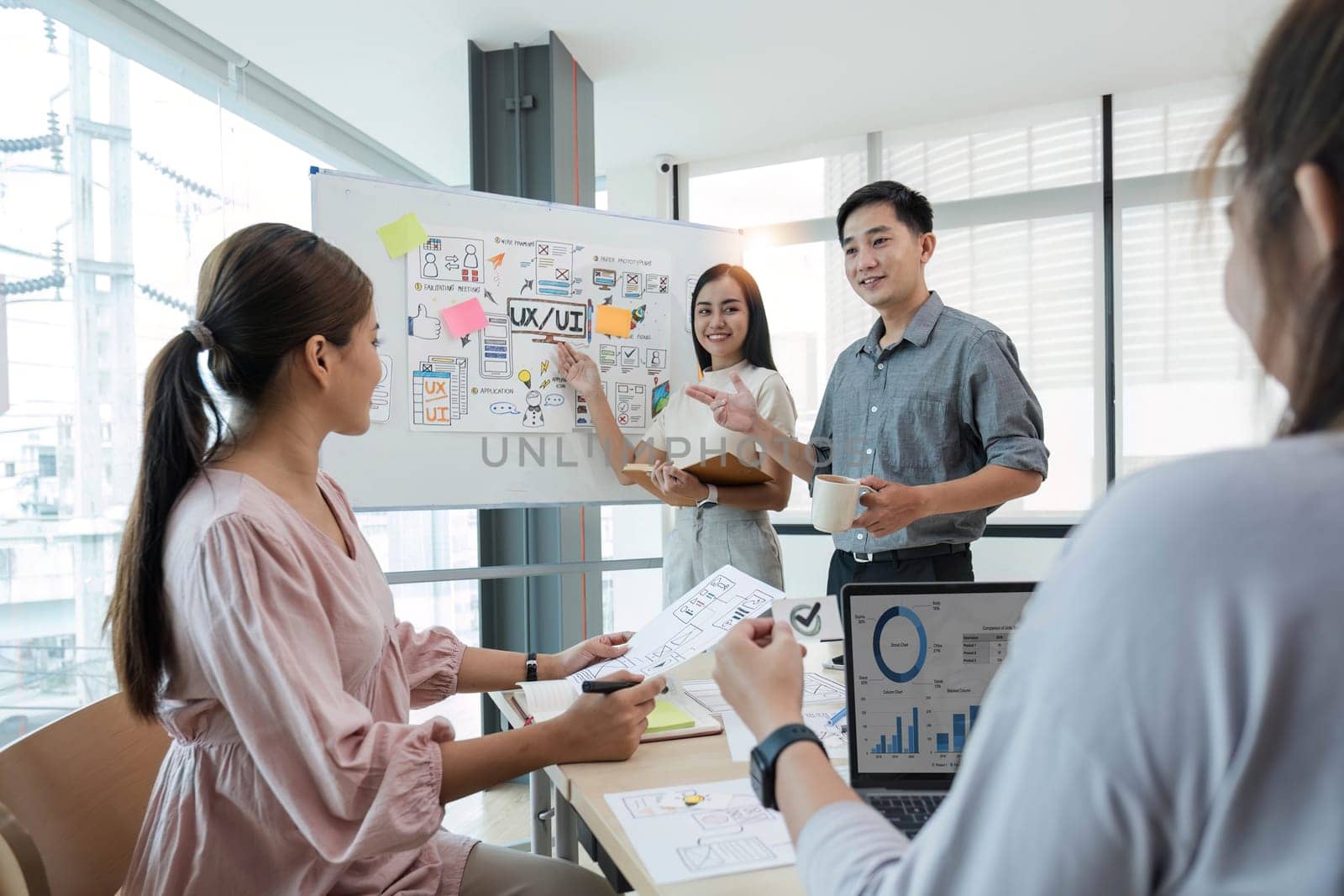 Asian office team brainstorming, plan for solution idea, Group of asia creative teamwork and woman leader at business meeting for developing mobile phone app, ux, ui start up, small business by wichayada