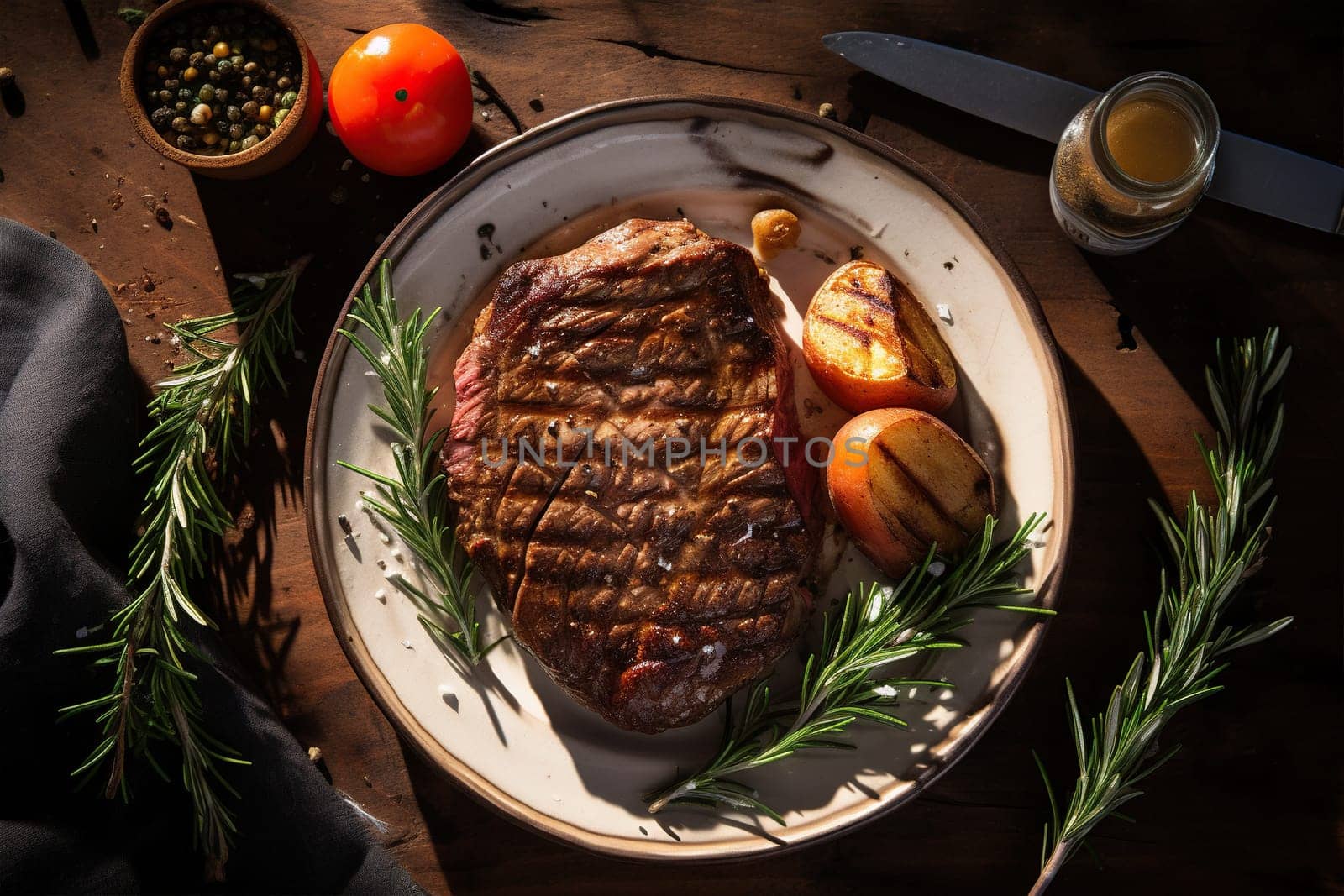 Medium rare steak on a plate with garnish