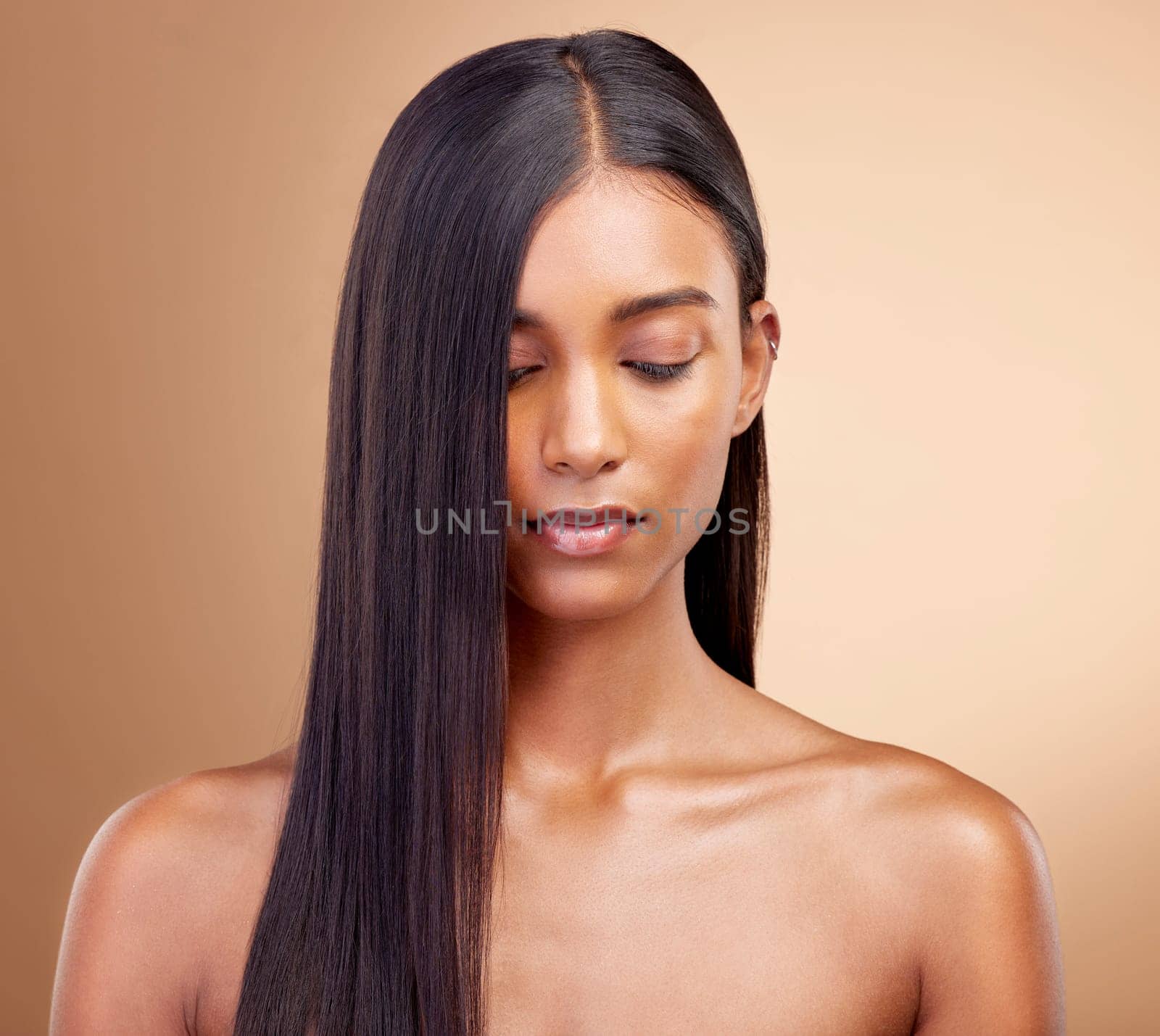 Woman, hair care and face with natural beauty, skincare or cosmetics for skin to glow, shine or collagen for healthy texture and growth. Haircare, model and mockup of girl with results from treatment.