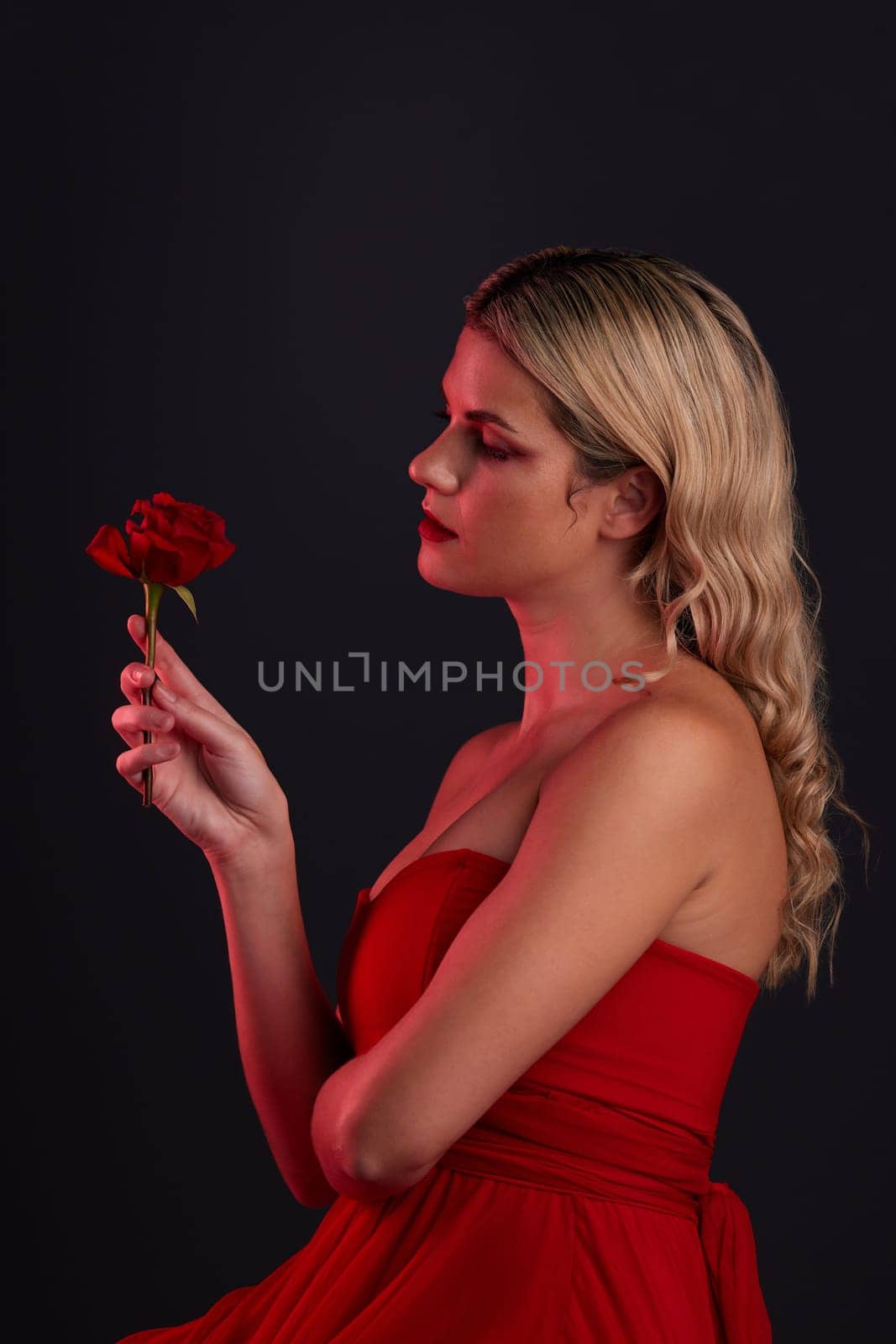 Beauty, fashion and woman with a rose on a dark, black background in a studio thinking of love, romance or red aesthetic. Girl with a flower, dress and formal style in fantasy, fairytale or art.