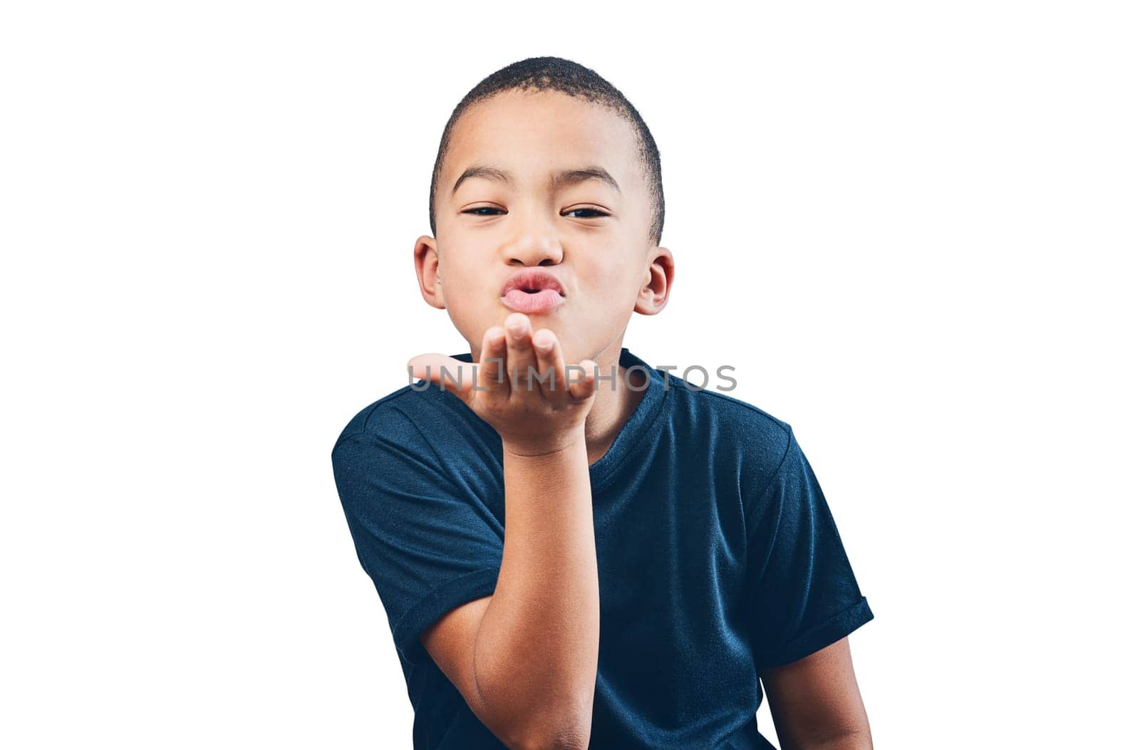 Boy child, blowing air kiss and happy portrait for flirting, motivation or love. Inspiration, hand gesture and latino kid isolated on transparent, png background to pout lips for kindness or romance by YuriArcurs