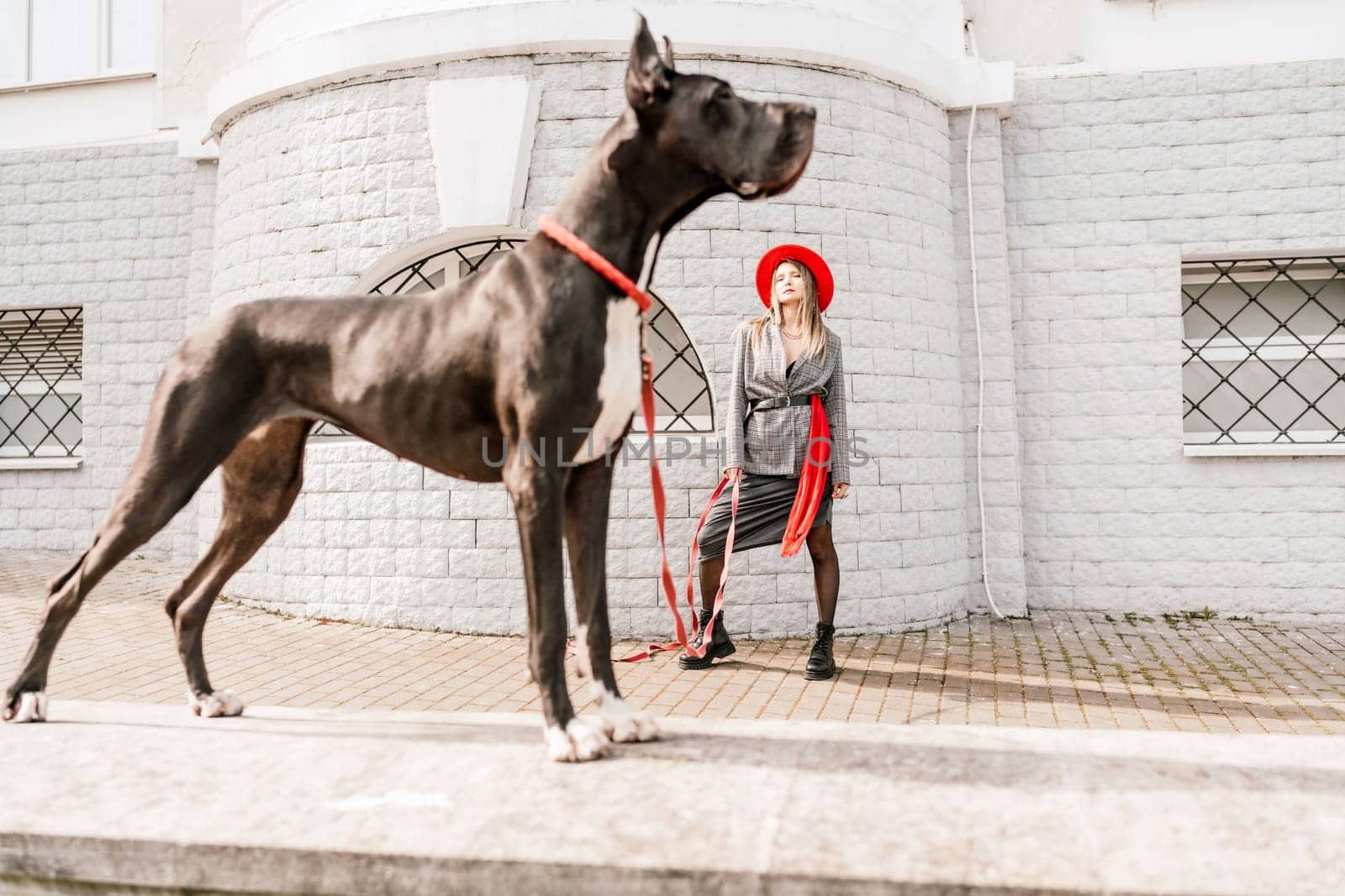 A photo of a woman and her Great Dane walking through a town, taking in the sights and sounds of the urban environment.